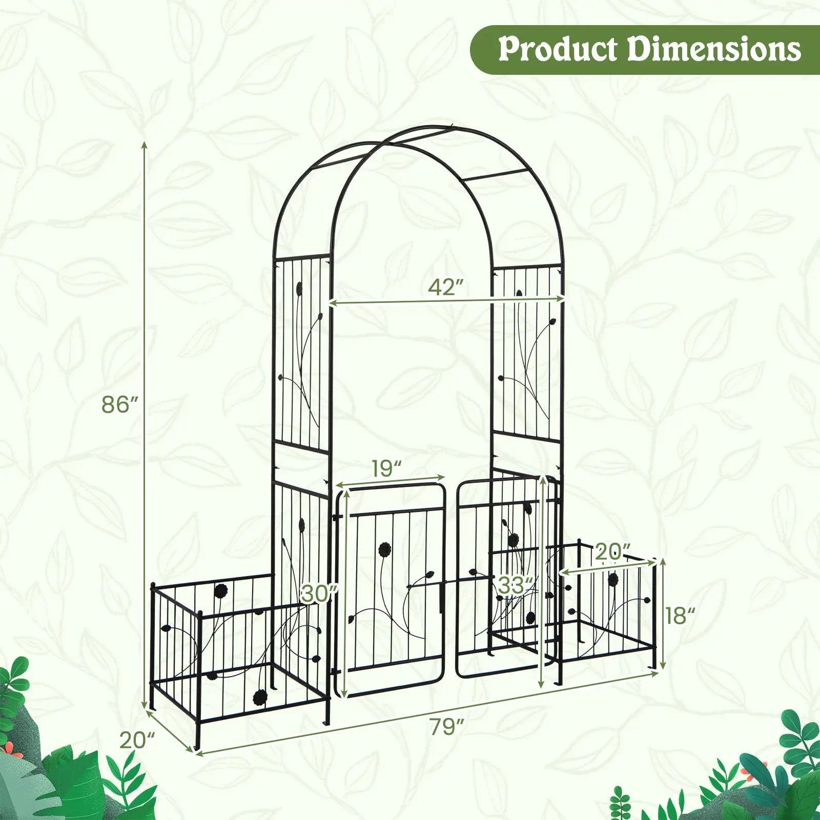 87 Inches Garden Arbor with Lockable Gate Side Planters-Black by DirectDeals