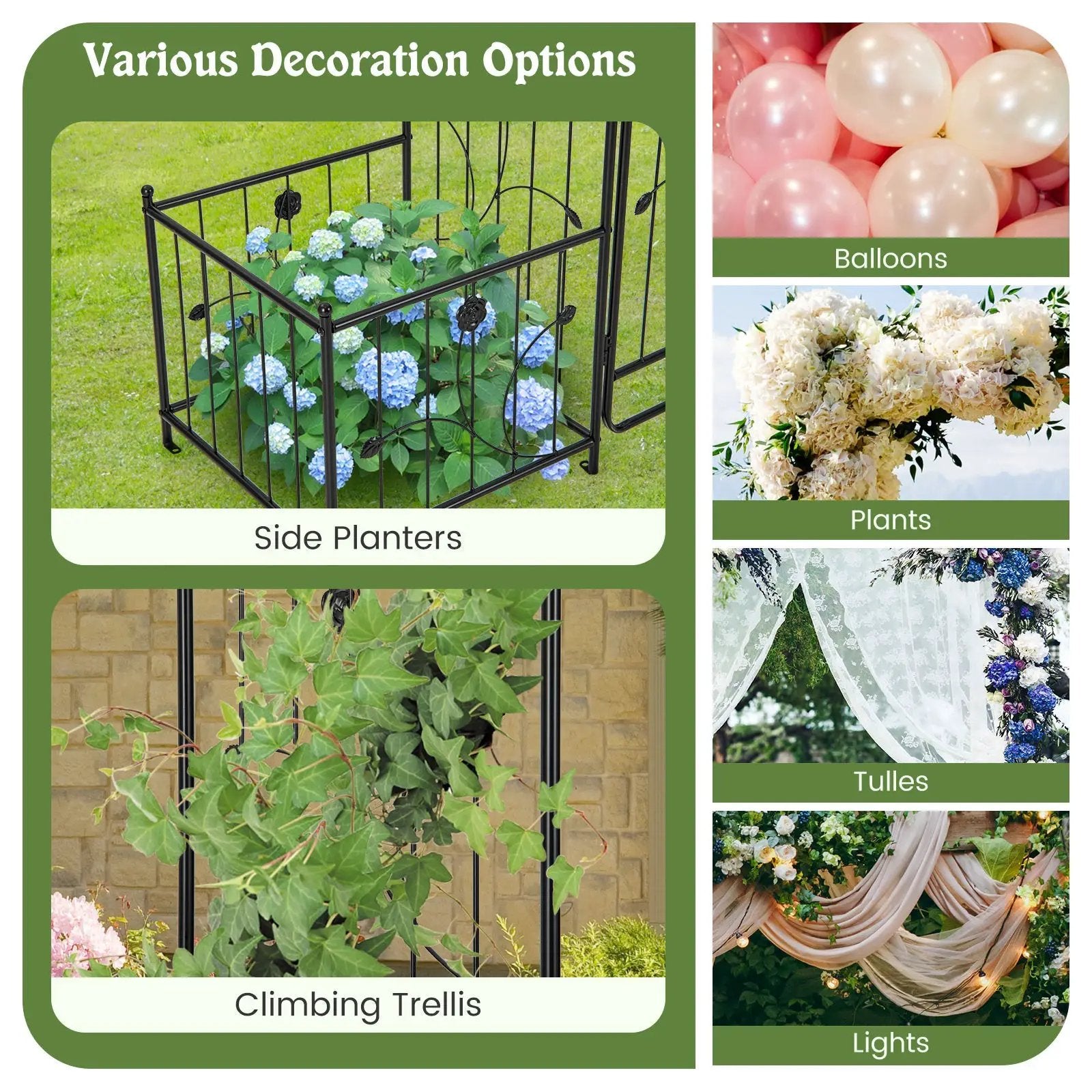 87 Inches Garden Arbor with Lockable Gate Side Planters-Black by DirectDeals