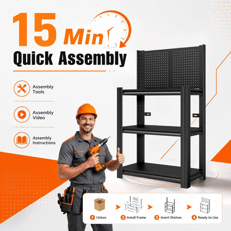 3-Tier Heavy-Duty Metal Storage Shelving Unit with Pegboard by HouseOfZazla