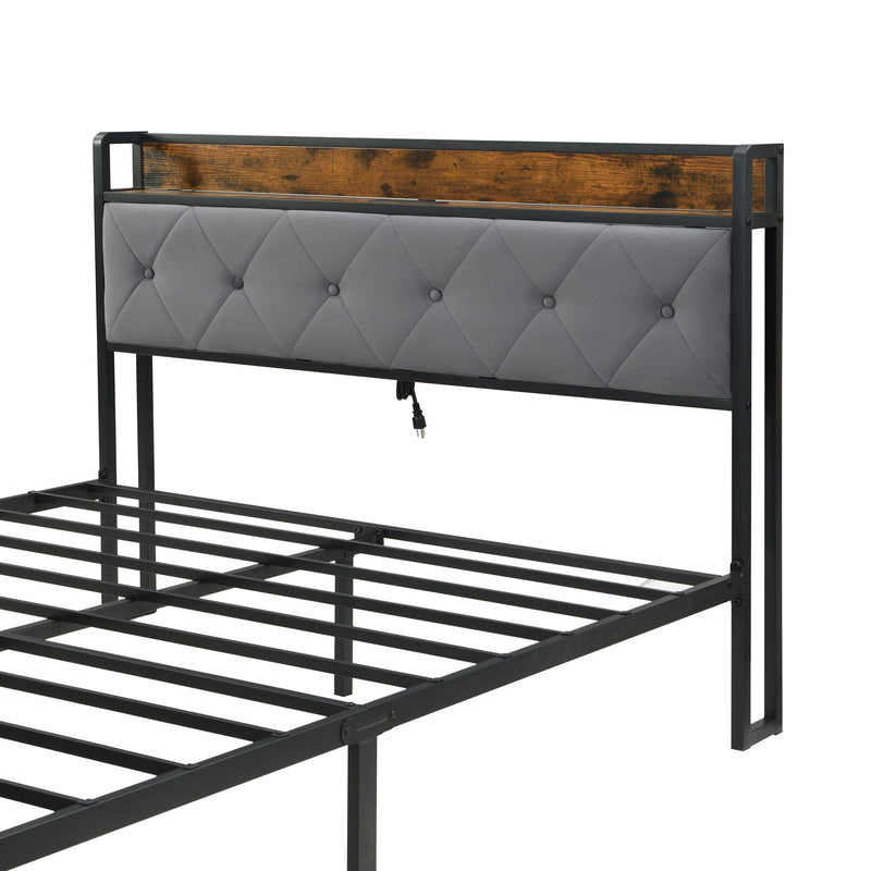 Modern Bed Frame With LED Lights, Upholstered Headboard, USB Charging by HouseOfZazla