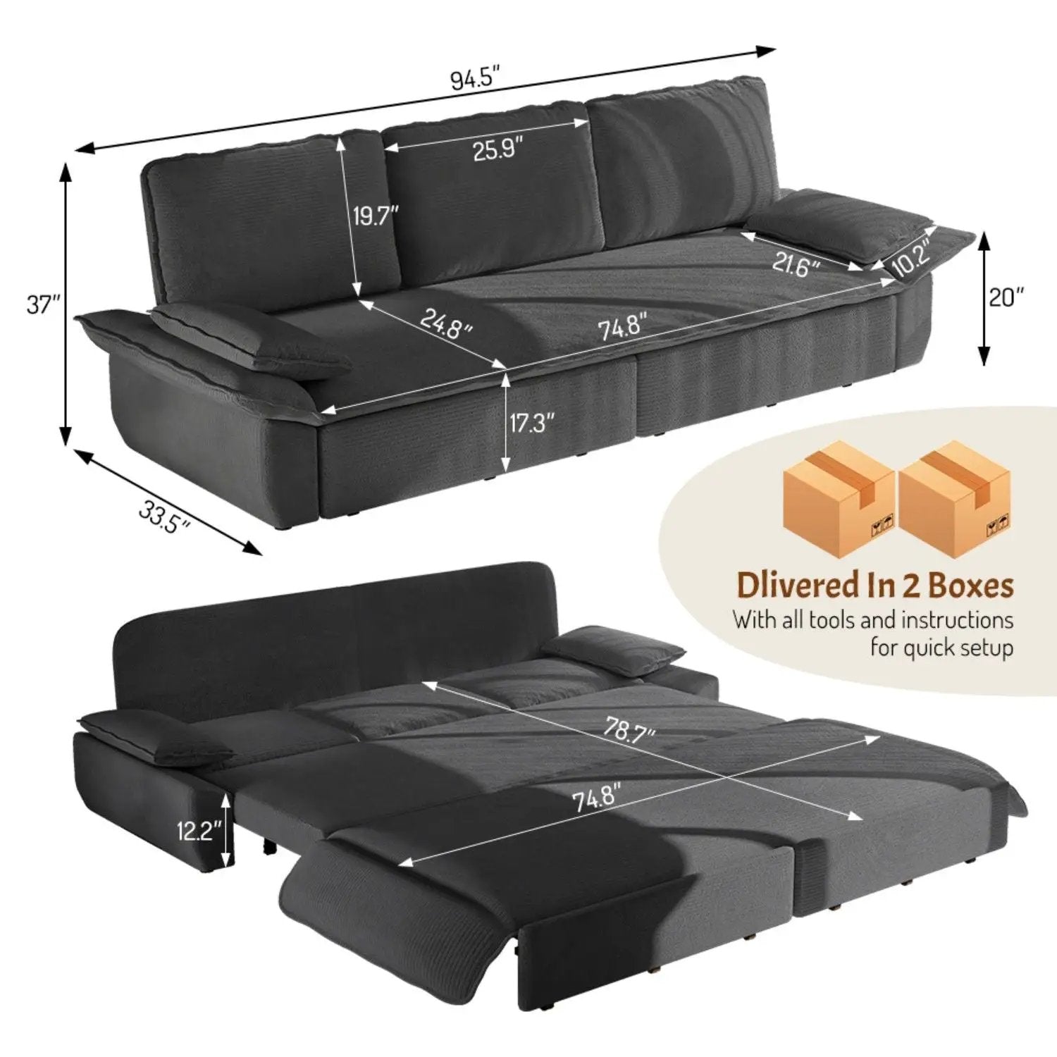 King Size Pull Out Sofa Bed, 3 In 1 Convertible Multifunctional by HouseOfZazla