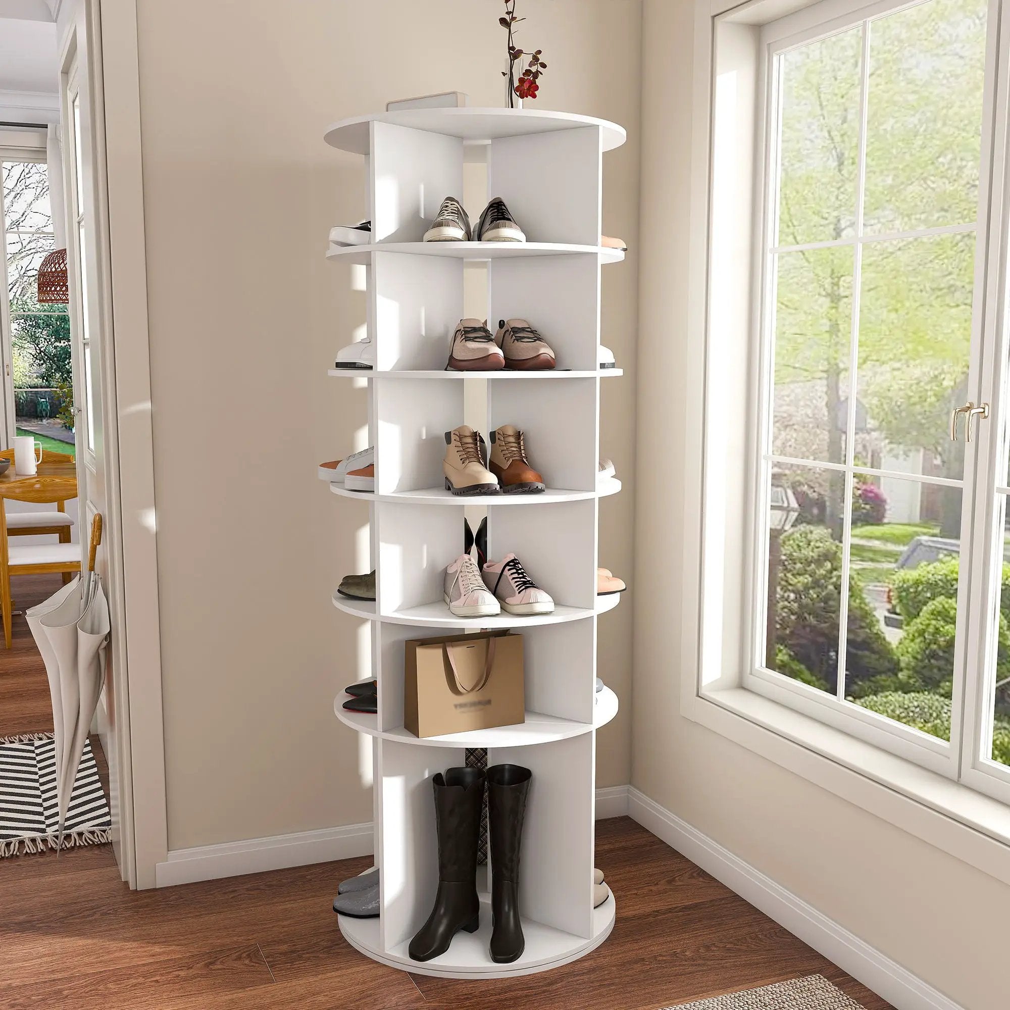6 Tier Spinning Shoe Rack, Free Standing 360° Revolving Shoe Organizer - White by HouseOfZazla