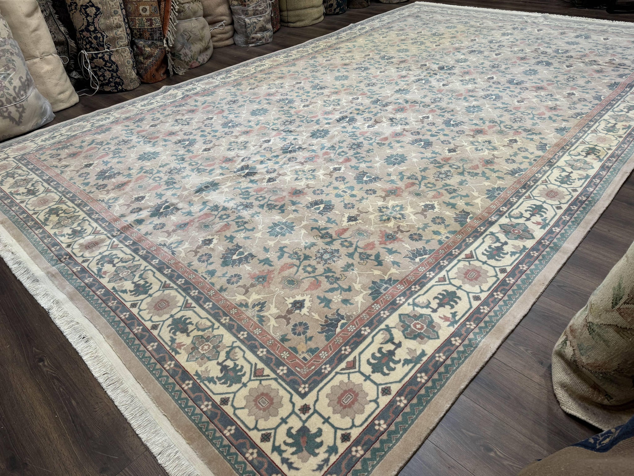 Palace Size Wool Rug 10x18, Sino Persian Kerman Rug, Oversized Hand Knotted Carpet, Light Taupe, Allover Pattern by Jewel Rugs