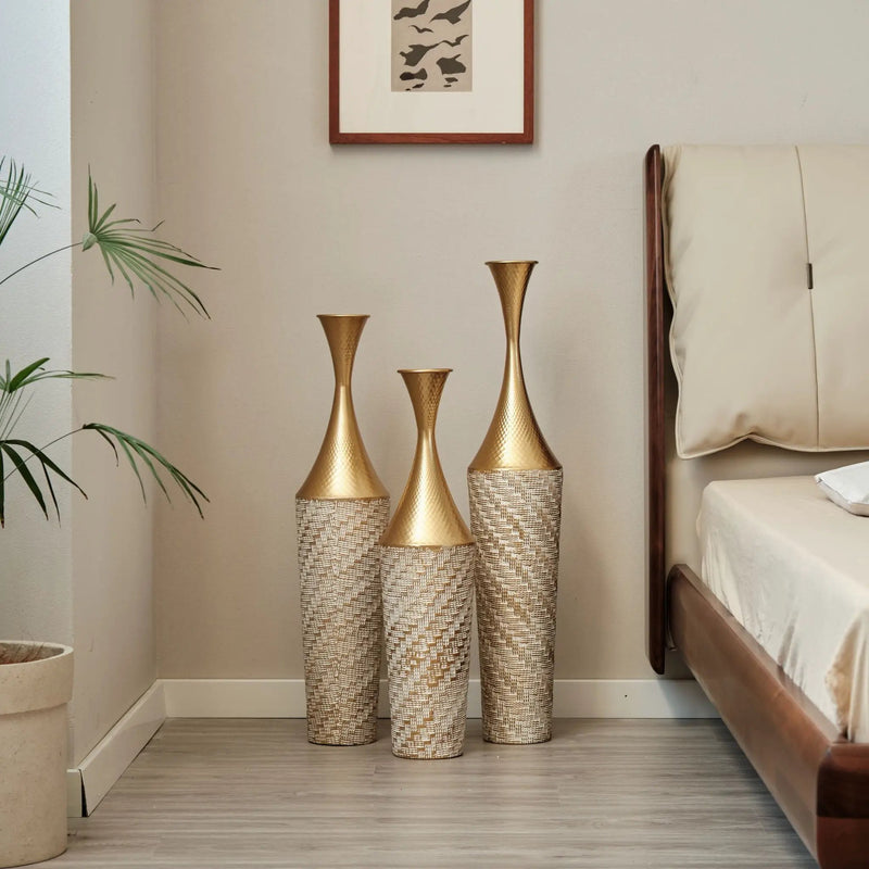 Floor Metal Vase Modern Style Decoration Home Woven Pattern Metal Vase 3 Piece Set Gorgeous Home Decoration Large Glazed Metal Vase - Champagne by HouseOfZazla
