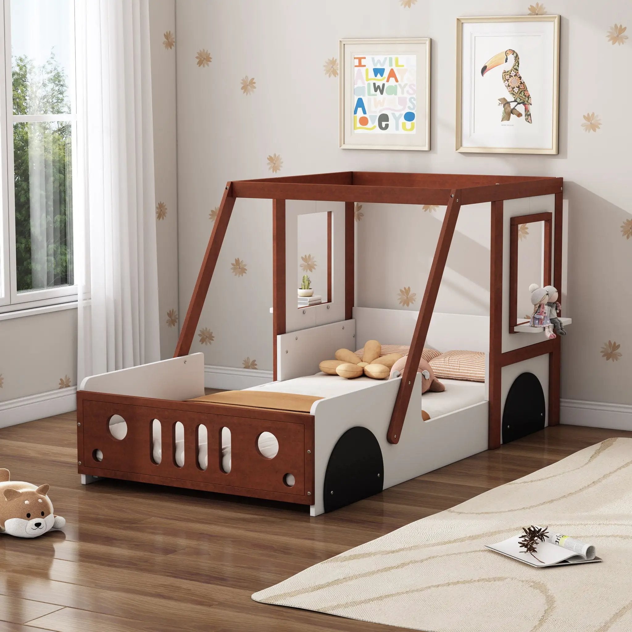 Fun Play Design Twin Size Car Bed, Kids Platform Bed In Car Shaped For Kids Boys Girls Teens - White / Orange by Unique Piece Furniture