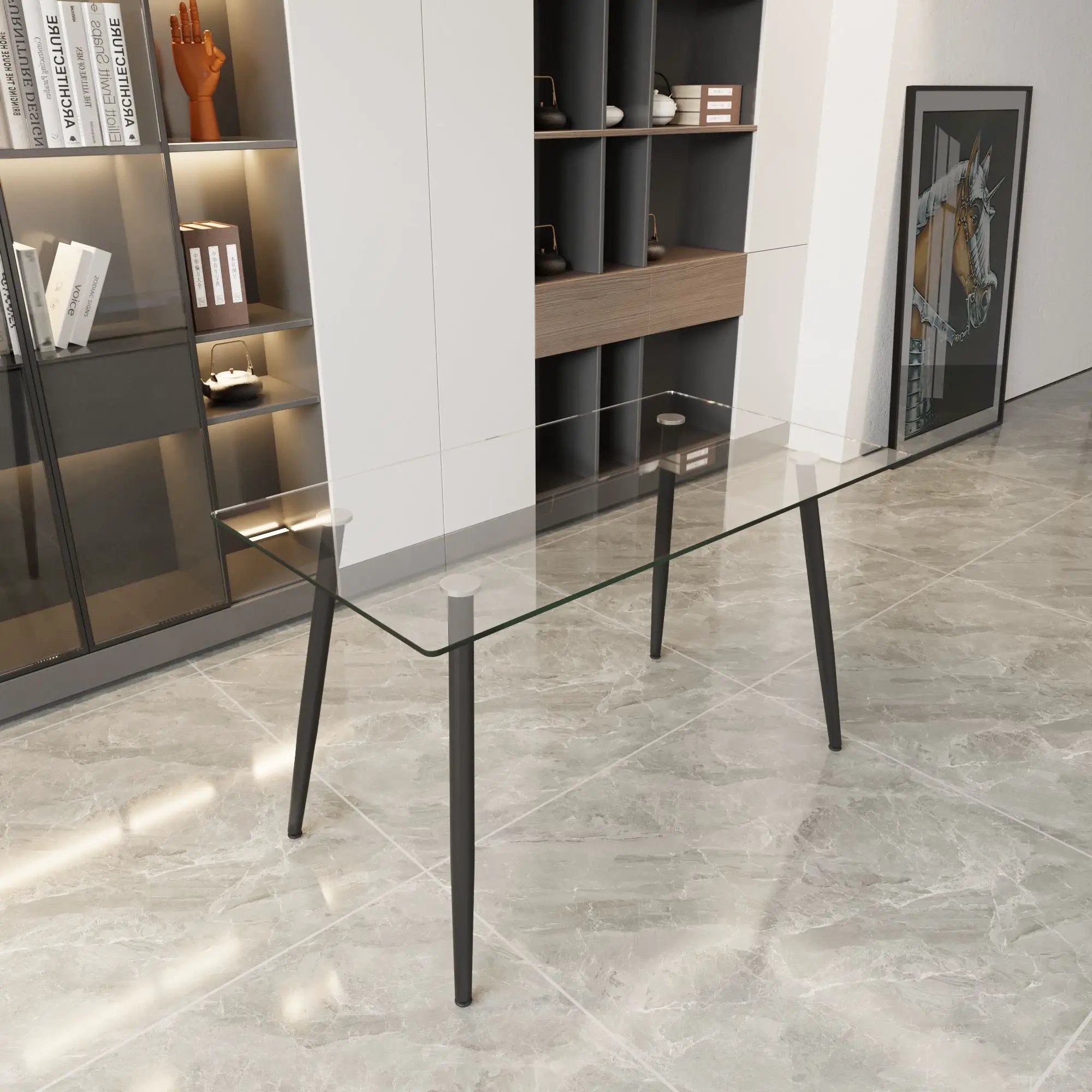 Modern Minimalist Rectangular Glass Dining Table With Tempered Glass Top Metal Legs, For 4 - 6 - Transparent by HouseOfZazla