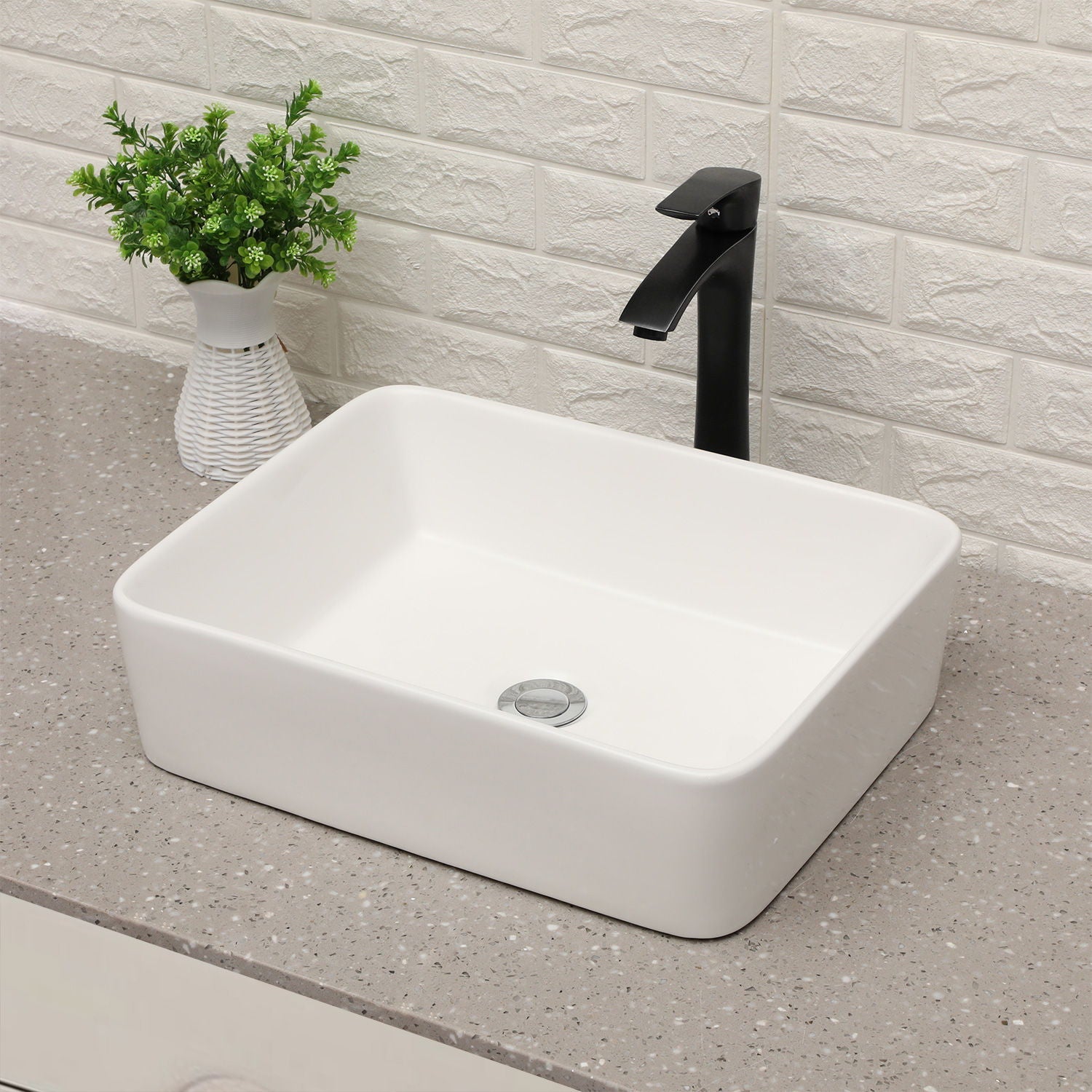 19" 5" Bathroom Sink Combo Rectangular Vessel Vanity Set With Faucet Drop In Ready Ceramic Basin - White / Black by HouseOfZazla