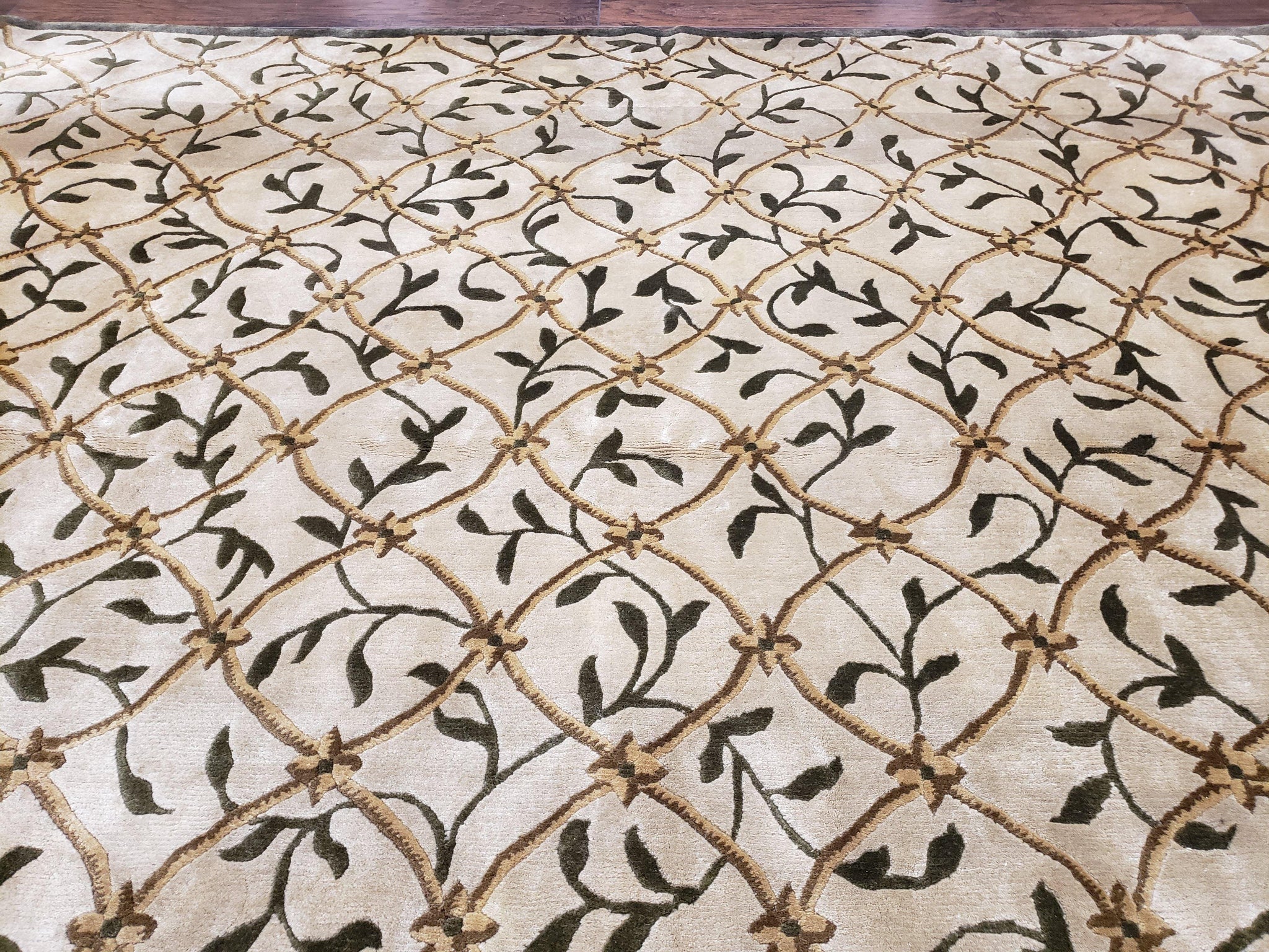 Vintage Tibetan Nepalese Area Rug 9x12, Wool Hand-Knotted, Beige Nepali Soft Pile Carpet, 9 x 12 Living Room Modern Dining Room Rug by Jewel Rugs