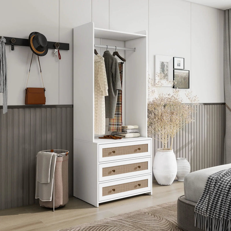 Wardrobe With 3 Drawers High Wardrobe Armoire With Rattan For Living Room Organizer - White by HouseOfZazla