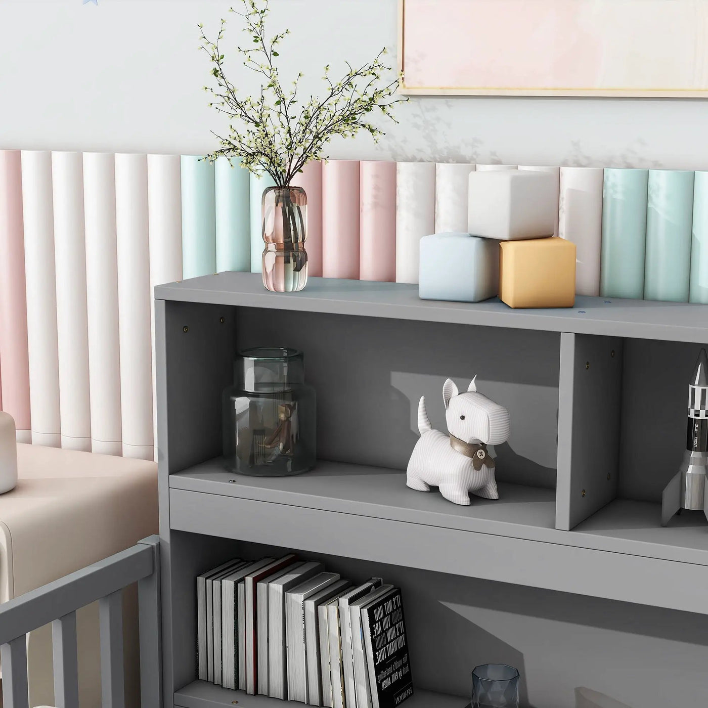 Floor Bed With Bedside Bookcase, Shelves, Guardrails by Unique Piece Furniture