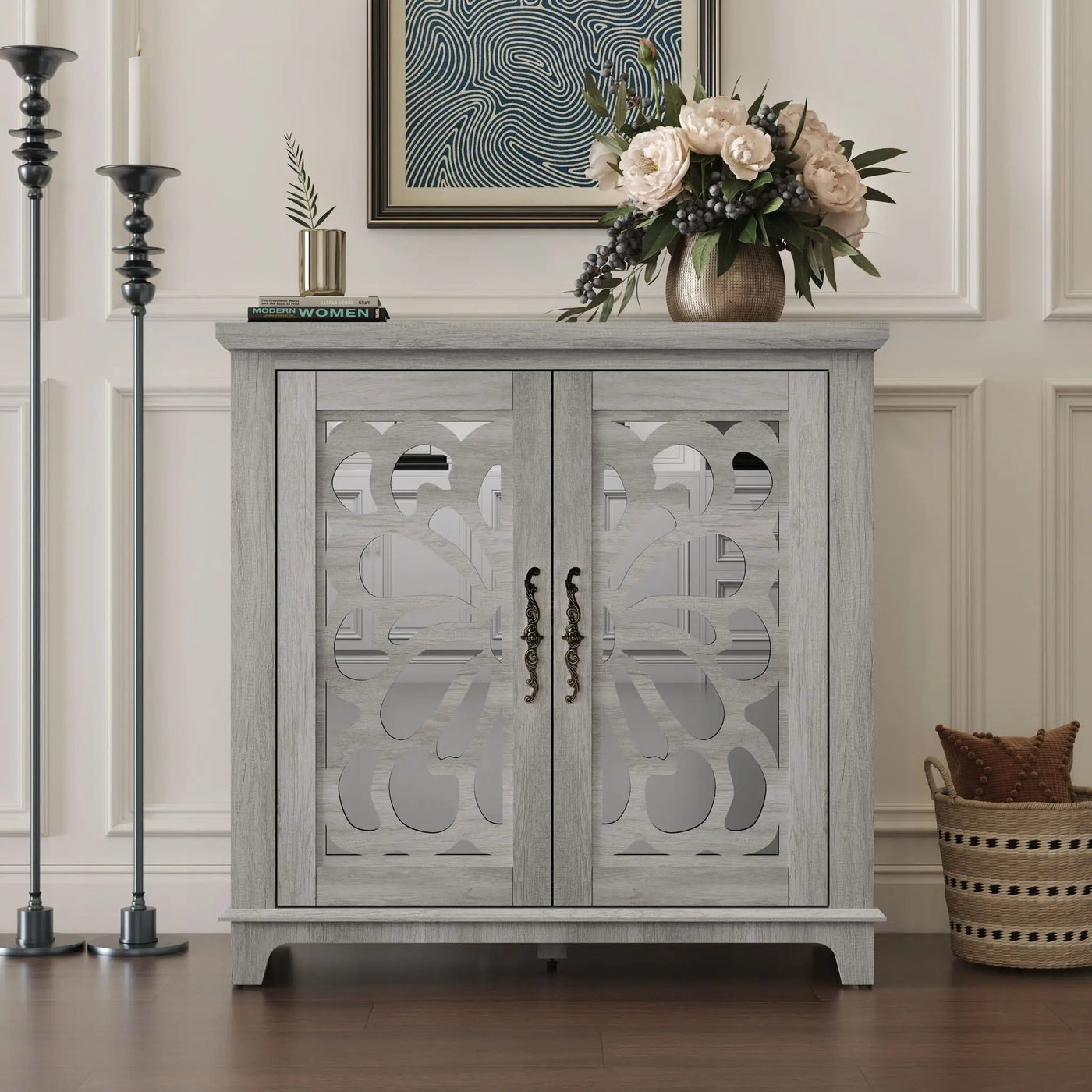 Elegant Sideboard With 2 Acrylic Mirrored Doors, Adjustable Shelf Storage by HouseOfZazla