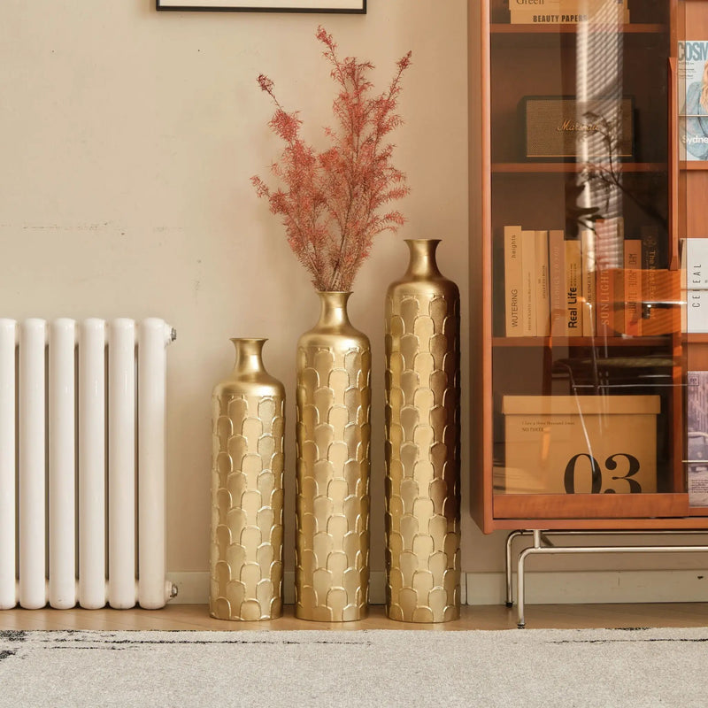 Floor Metal Vases Decorated White Metal Vases (Set of 3) Gorgeous Home Decoration Large Glazed Metal Vases - Golden by HouseOfZazla