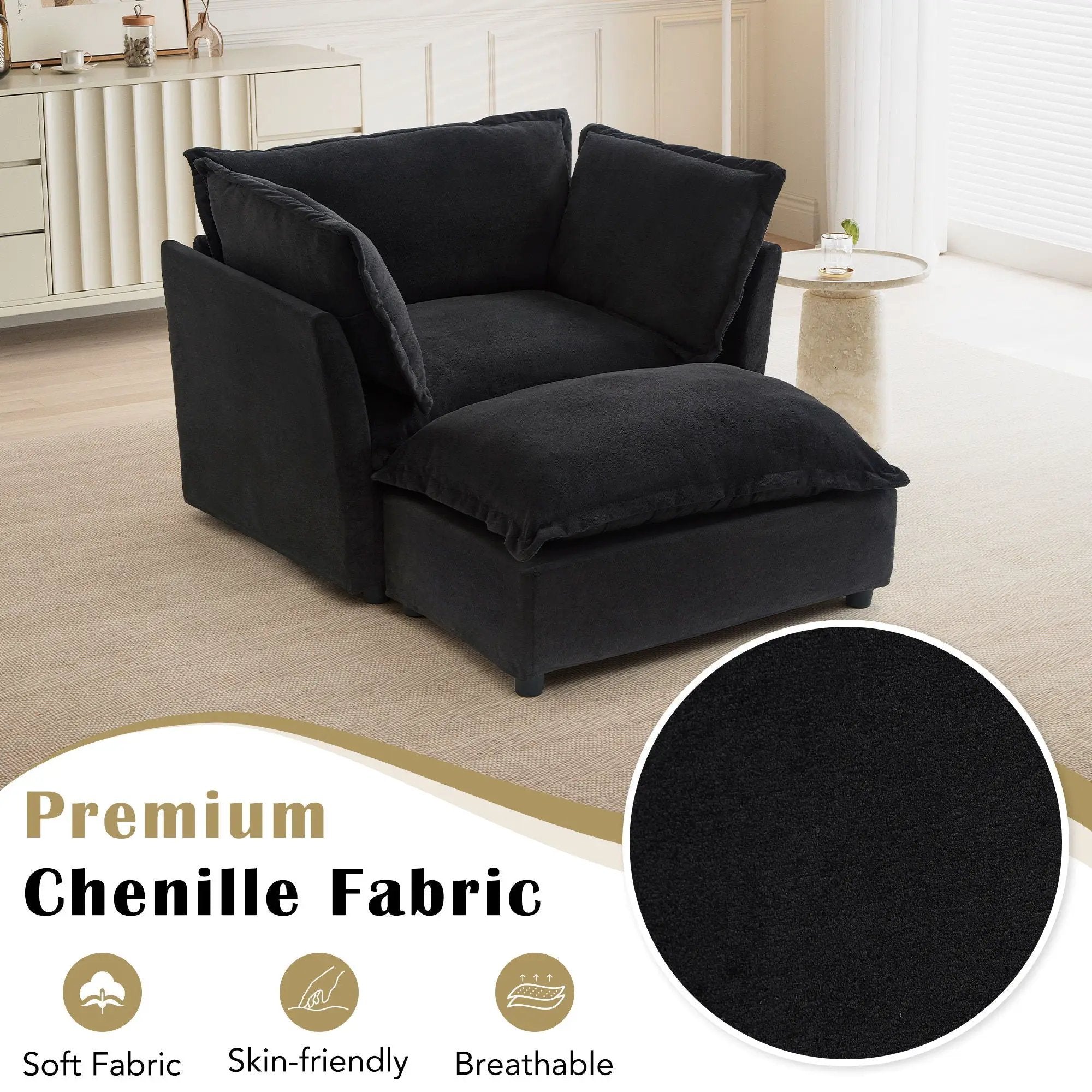 Modern Cozy Upholstered Armchair Sofa With Movable Ottoman by Unique Piece Furniture