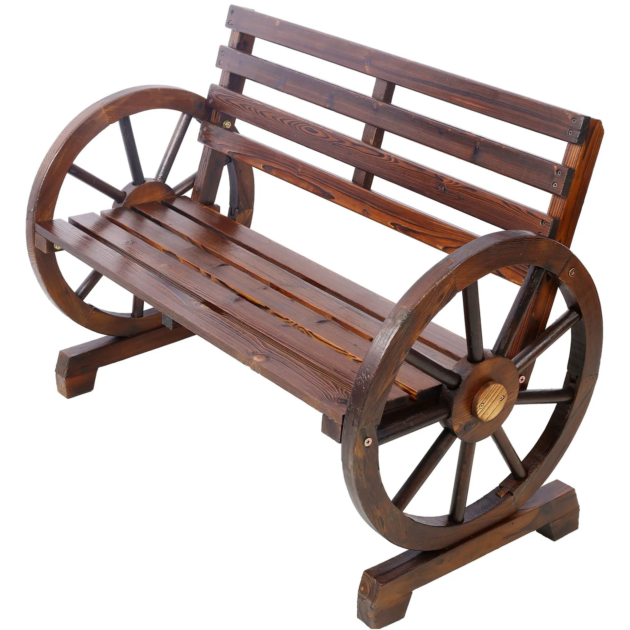 Rustic Country 2 Person Wooden Wagon Wheel Bench With Slatted Seat And Backrest - Brown by HouseOfZazla