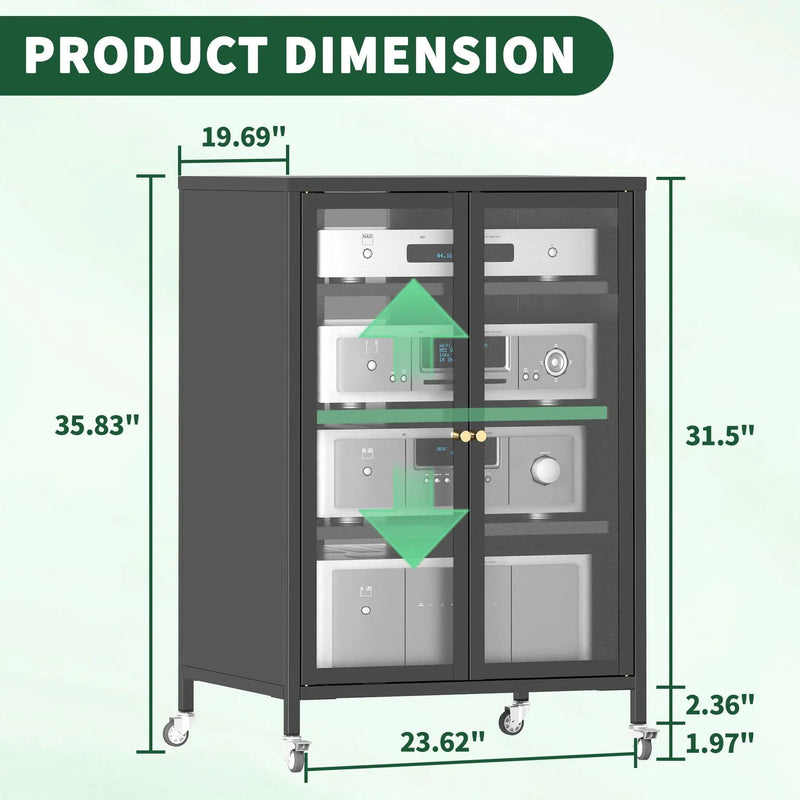 Media Storage Cabinet With Wheels, 4 Adjustable Glass Shelves & Door, Heavy-Duty - Black by Unique Piece Furniture