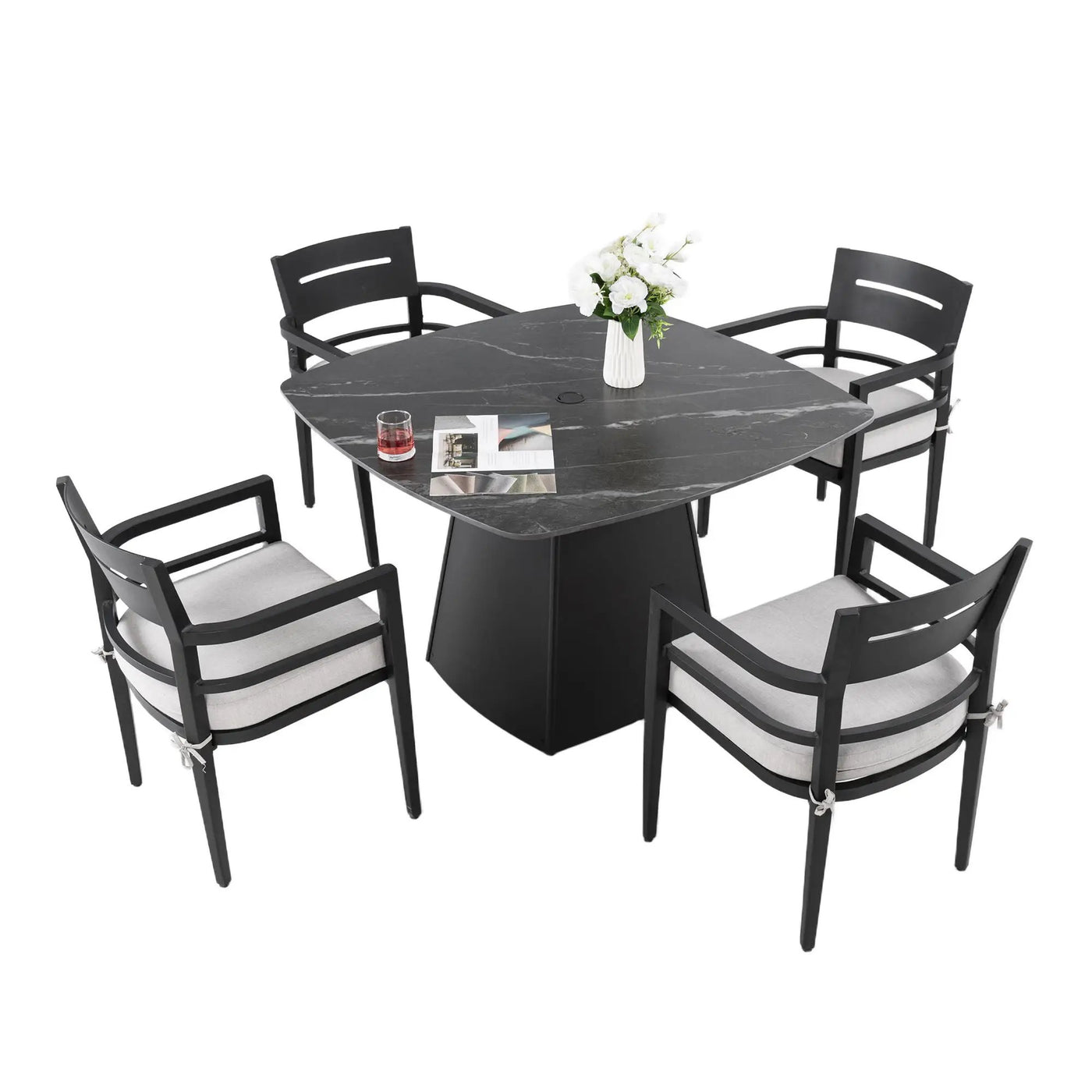 Outdoor Patio Dining Set, Squircle Dining Table, Dining Chairs With Sunbrella Cushions by Unique Piece Furniture