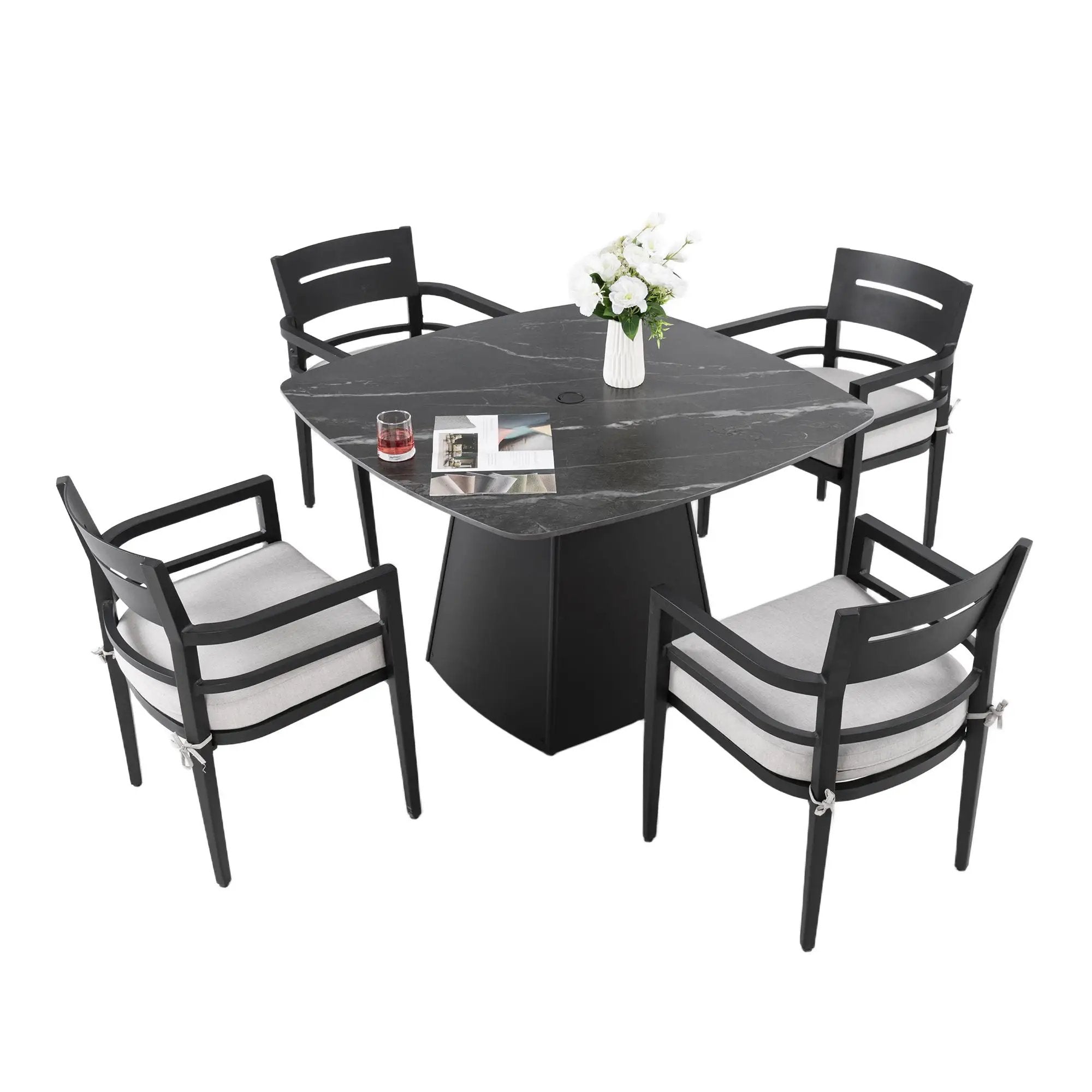 Outdoor Patio Dining Set, Squircle Dining Table, Dining Chairs With Sunbrella Cushions by HouseOfZazla