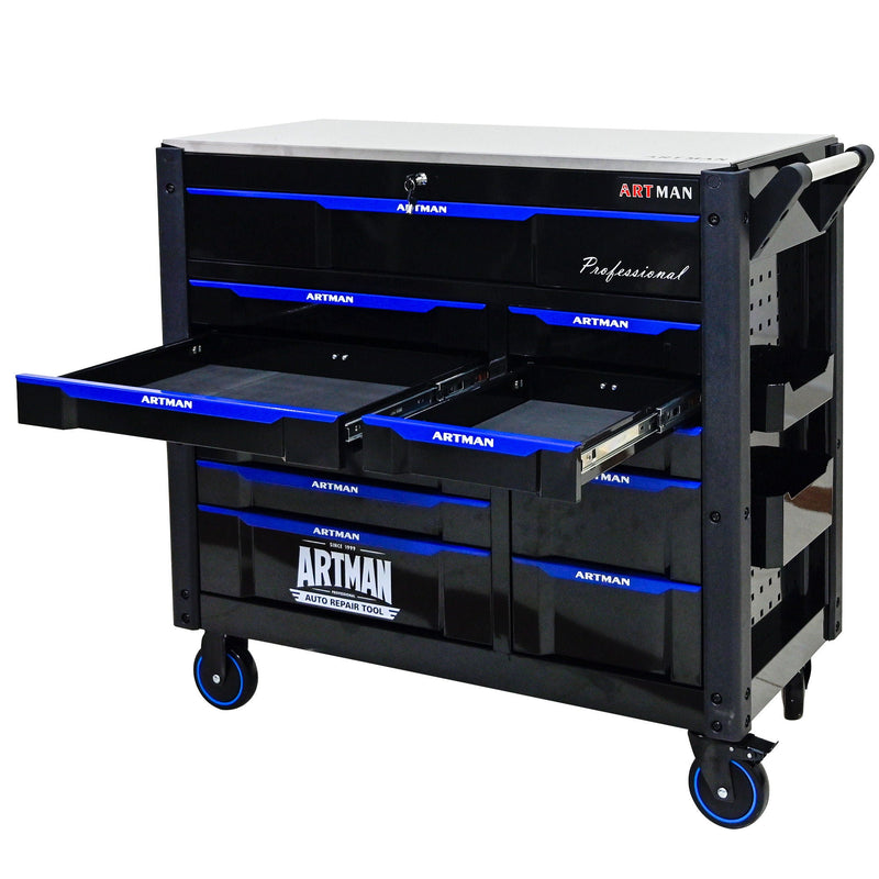 12 Layer Drawer Multi Purpose Tool Cart With Wheels And Iron Top - Black / Blue by HouseOfZazla