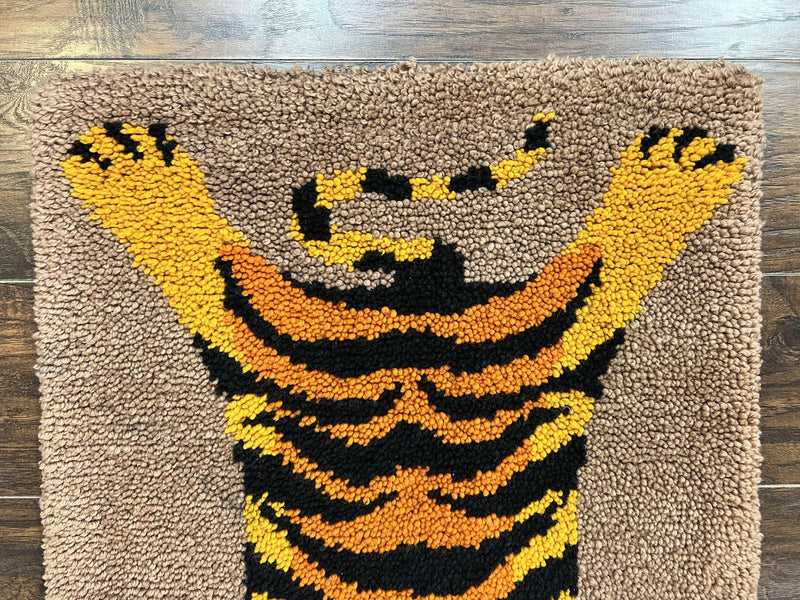 Small Hooked Rug 2x3, Tibetan Tiger Design, Wool, Unique Hooked Rug, Vintage by Jewel Rugs