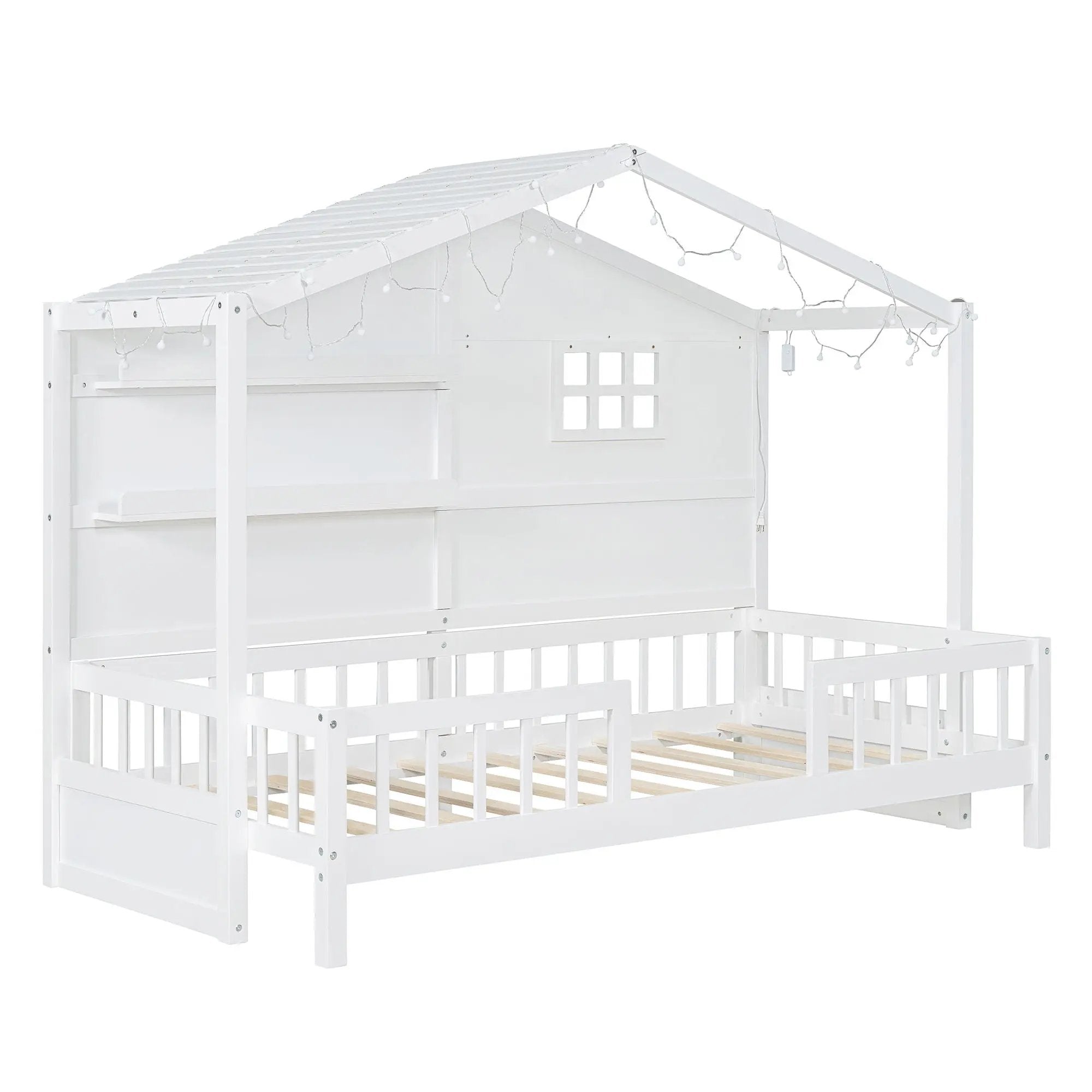 House Bed With Shelves, Window And Sparkling Light Strip On The Roof by Unique Piece Furniture
