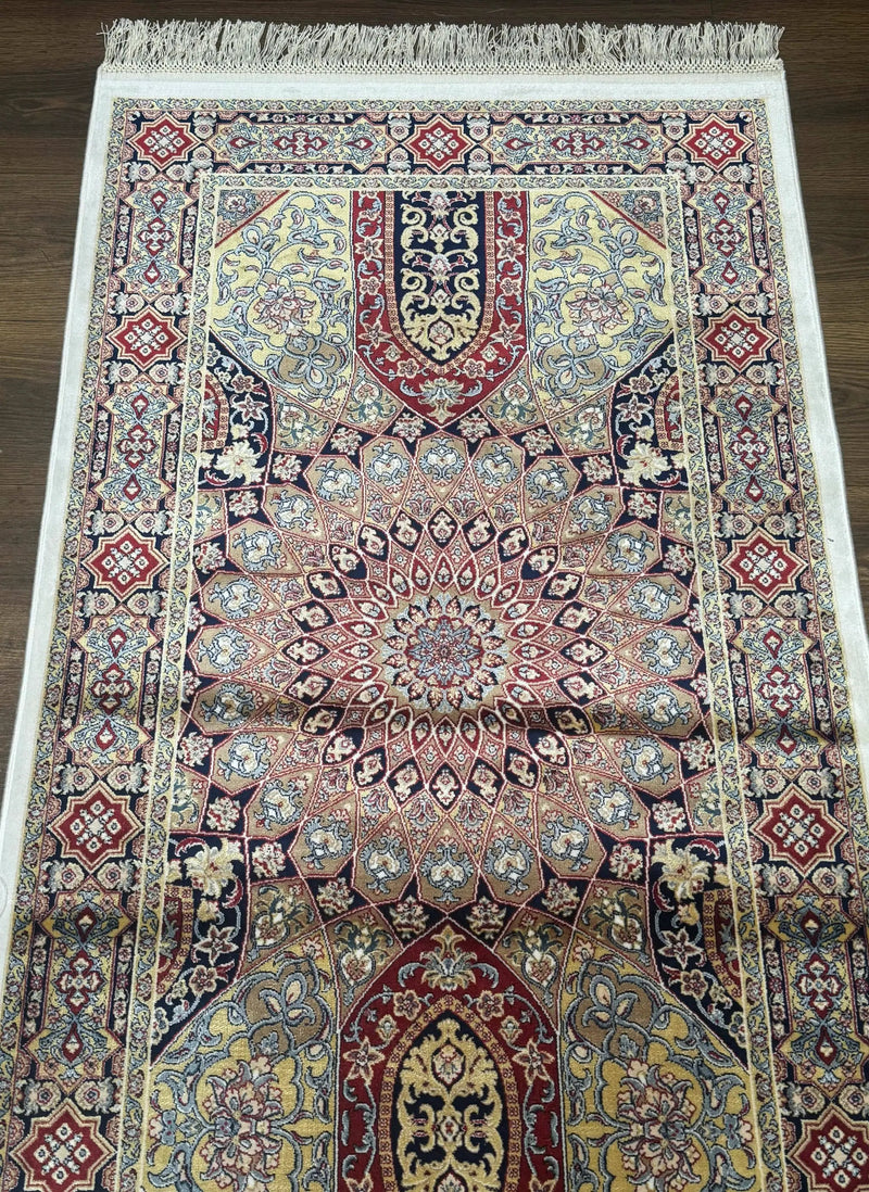 Turkish Silk Runner Rug 2.6 x 10, Dome Design, Hereke Runner, Bamboo Silk, New by Jewel Rugs