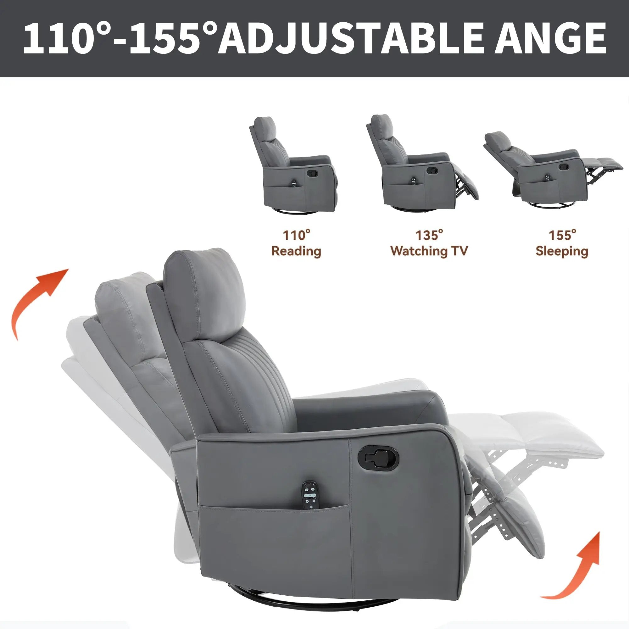 Grey Faux Leather Heat Massage Manual Recliner Chair with Rocker and Swivel by HouseOfZazla