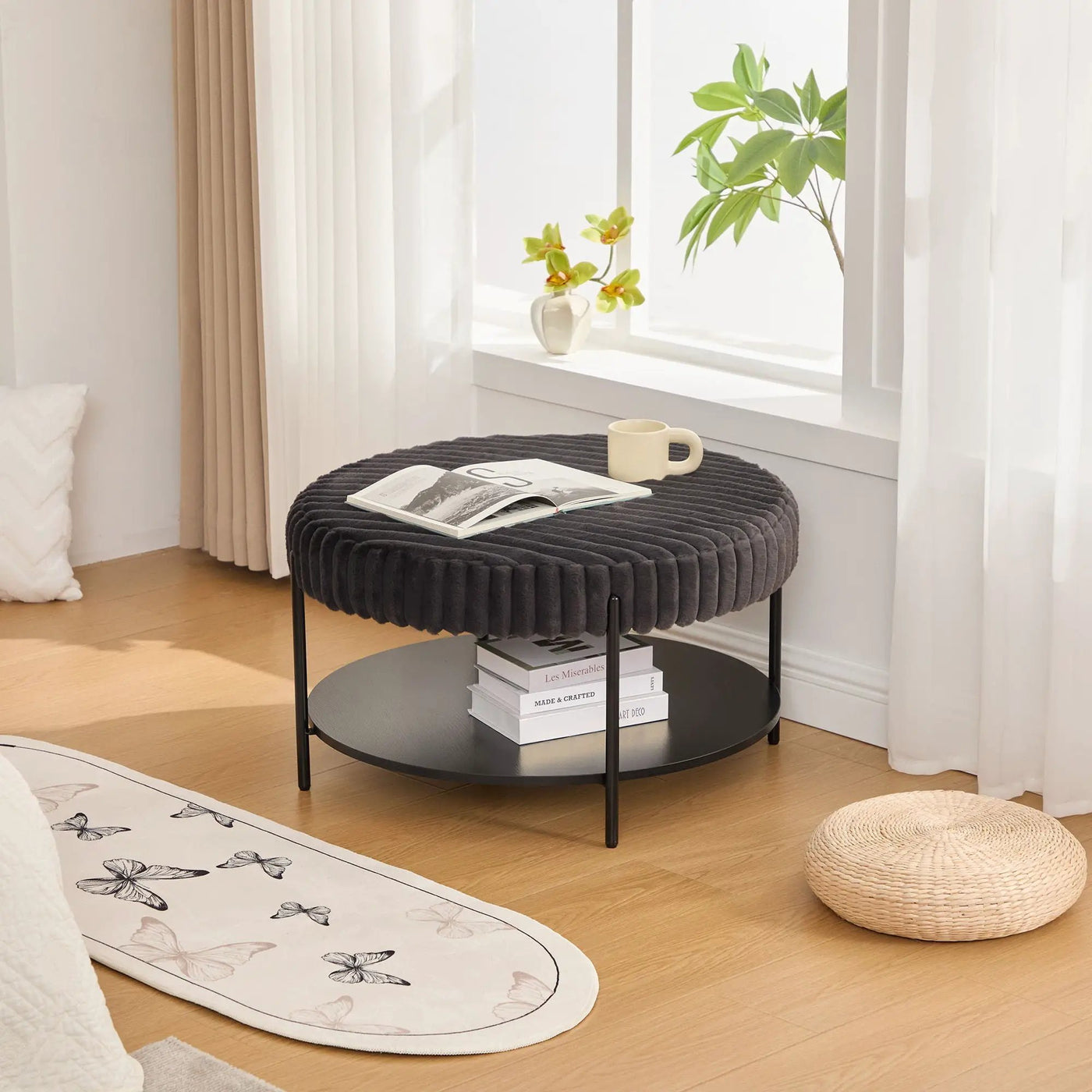 Modern Upholstered Round Ottoman Coffee Table With Storage Shelf by Unique Piece Furniture