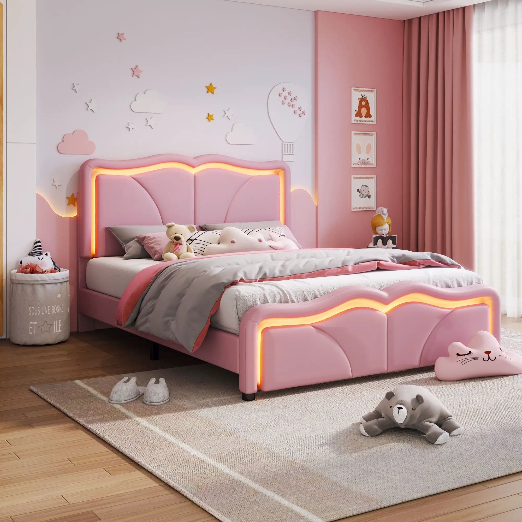 Upholstered Platform Bed & Curve Shaped And Height Adjustable Headboard, LED Light Strips by HouseOfZazla