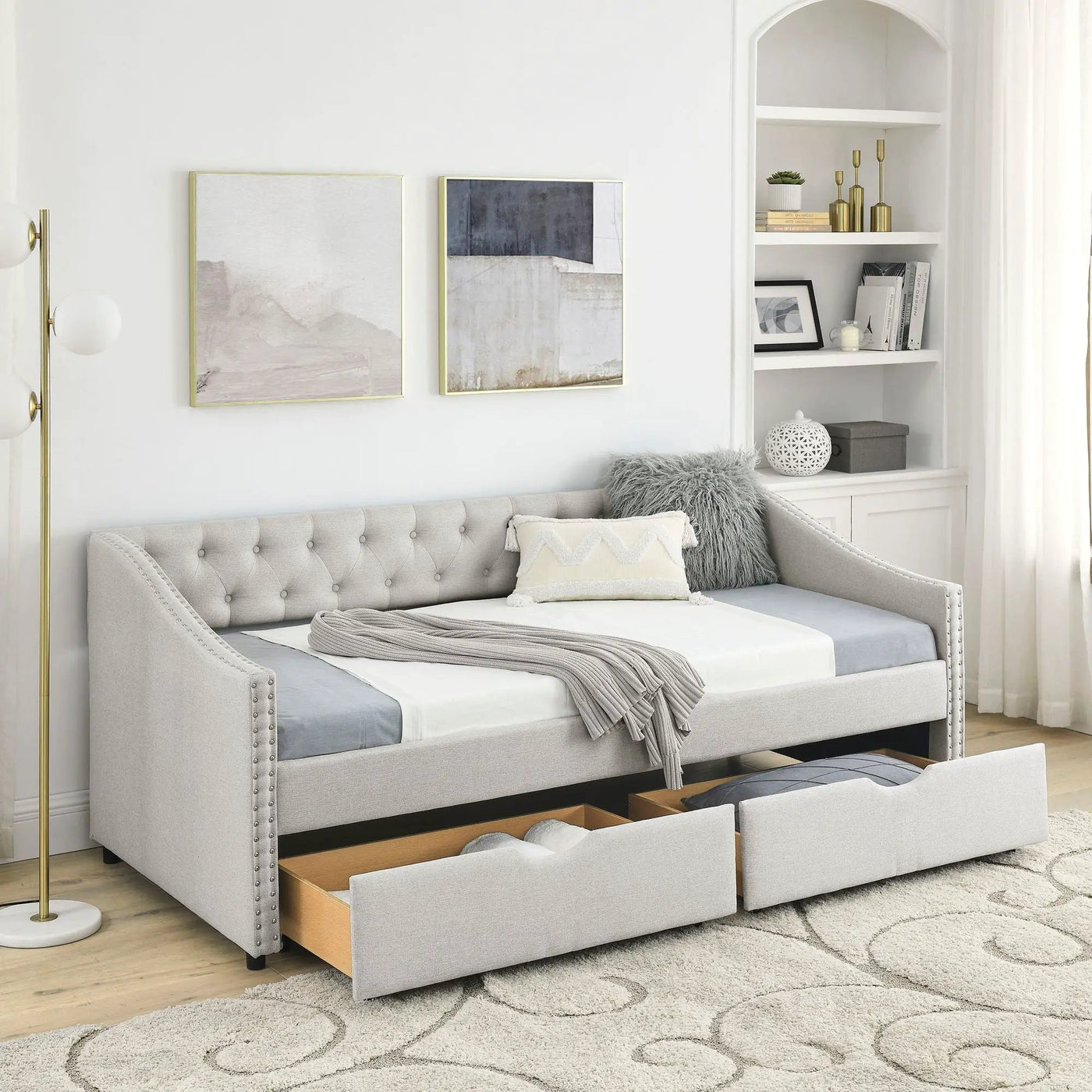 Upholstered Tufted Daybed With 2 Drawers, Waved Arms by Unique Piece Furniture