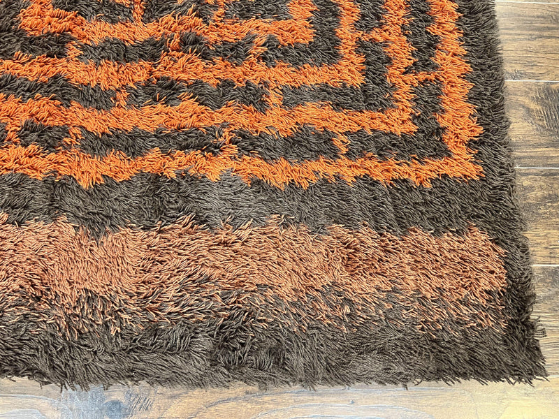 Vintage Rya Shag Rug 4.6 x 6.6, Abstract Design, Brown and Orange, Mid Century Danish Rya Carpet by Jewel Rugs