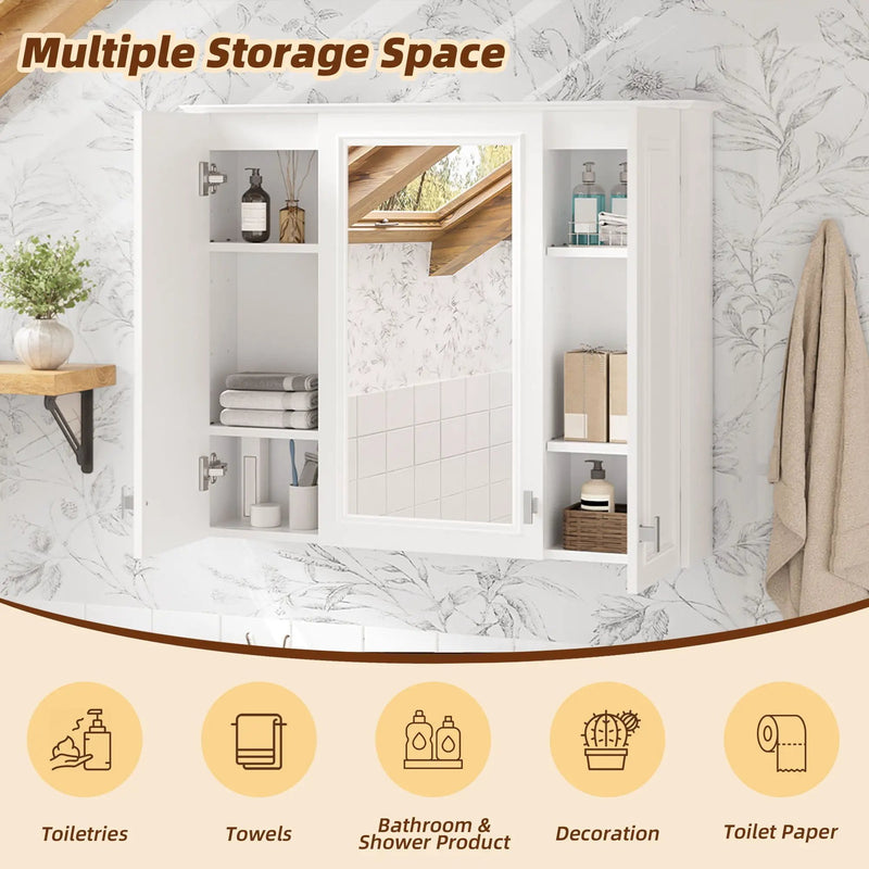 Wall Mounted Mirror Cabinet With 5 Adjustable Shelves, Rectangular Storage For Bathroom - White by Unique Piece Furniture