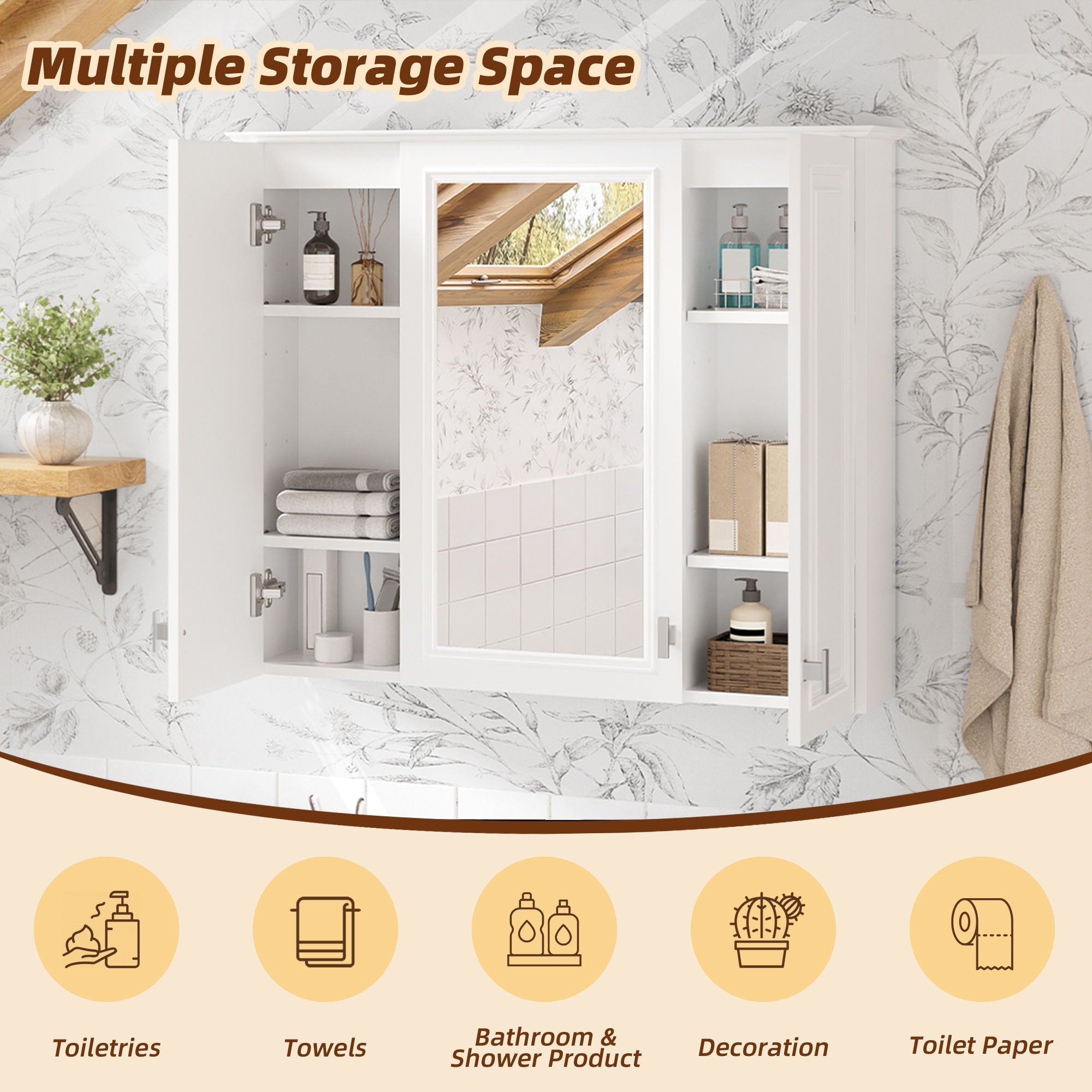 Wall Mounted Mirror Cabinet With 5 Adjustable Shelves, Rectangular Storage For Bathroom - White by Unique Piece Furniture