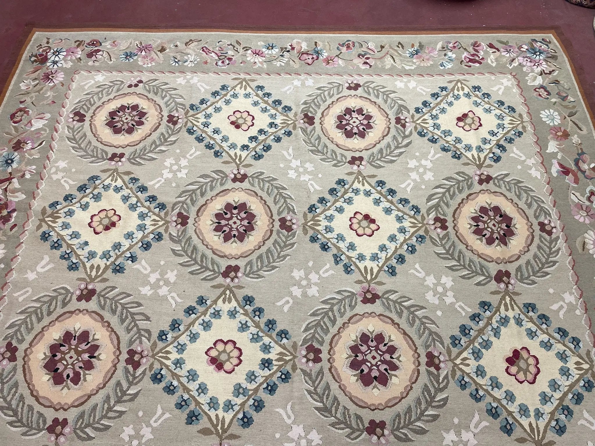 9x13 Needlepoint Carpet, French Design Rug, Hand-Knotted, Brand New Needlepoint Rug 9 x 13, English French European Style, Beige Floral by Jewel Rugs