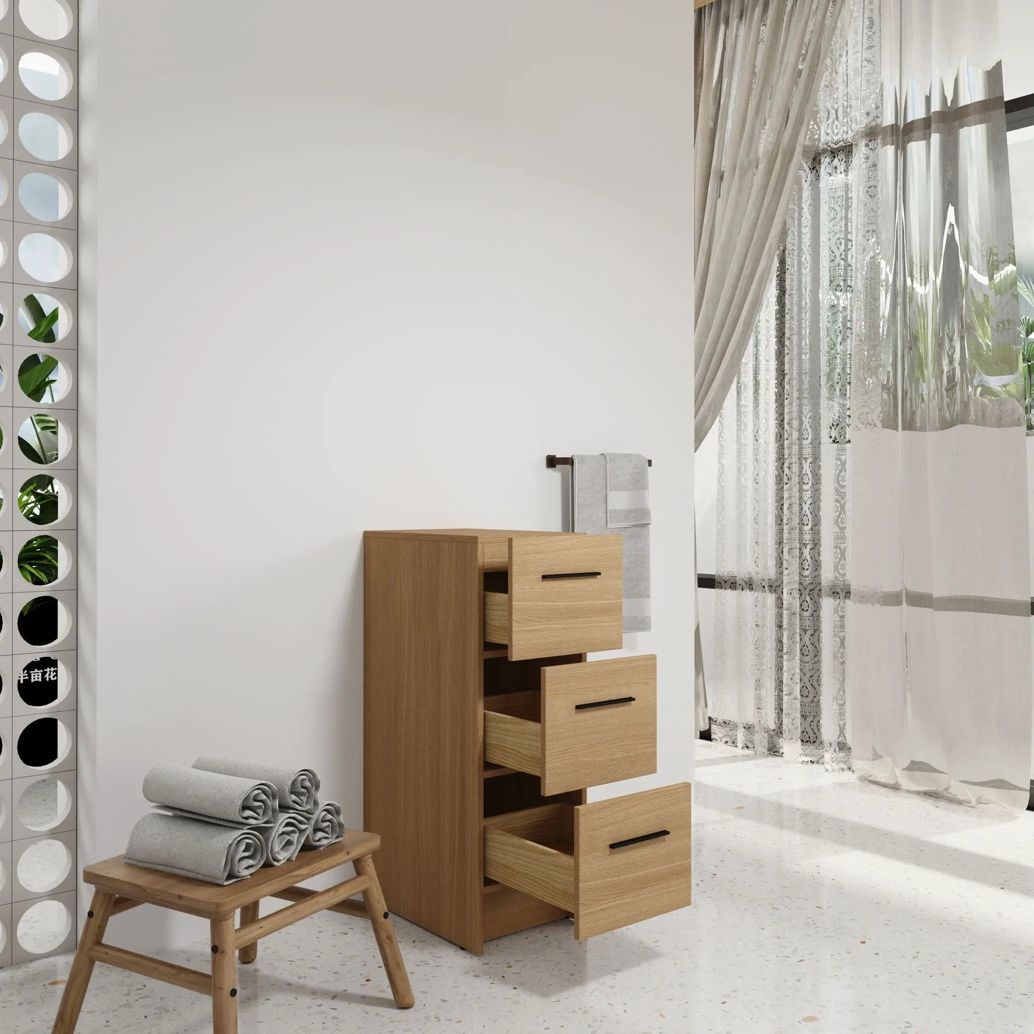 Slim Freestanding Bathroom Storage Cabinet, 3 Drawers - Light Oak by HouseOfZazla