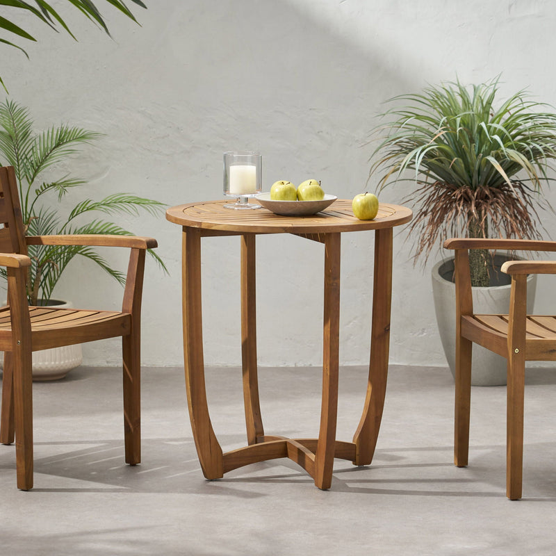 Outdoor Circular Wood Bistro Table With Curved Legs And Slat Panel Table Top - Teak by HouseOfZazla