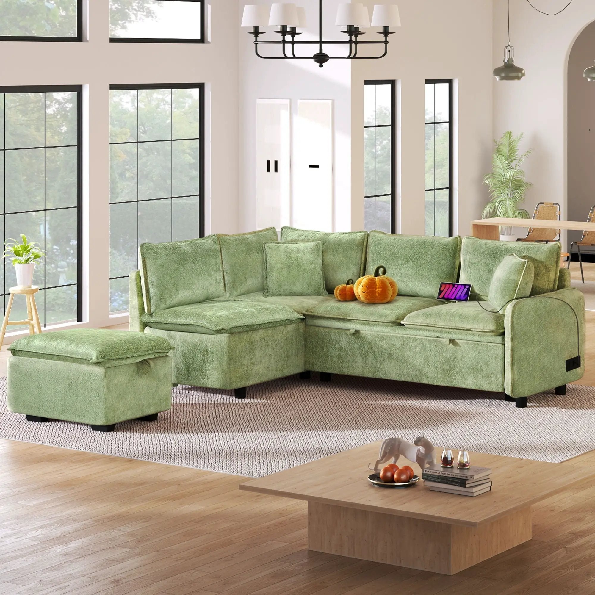 Convertible Sofa Bed Sectional Sofa Sleeper L-Shaped Sofa With A Storage Ottoman, Two Pillows, Two Power Sockets And Two USB Ports For Living Room by Unique Piece Furniture