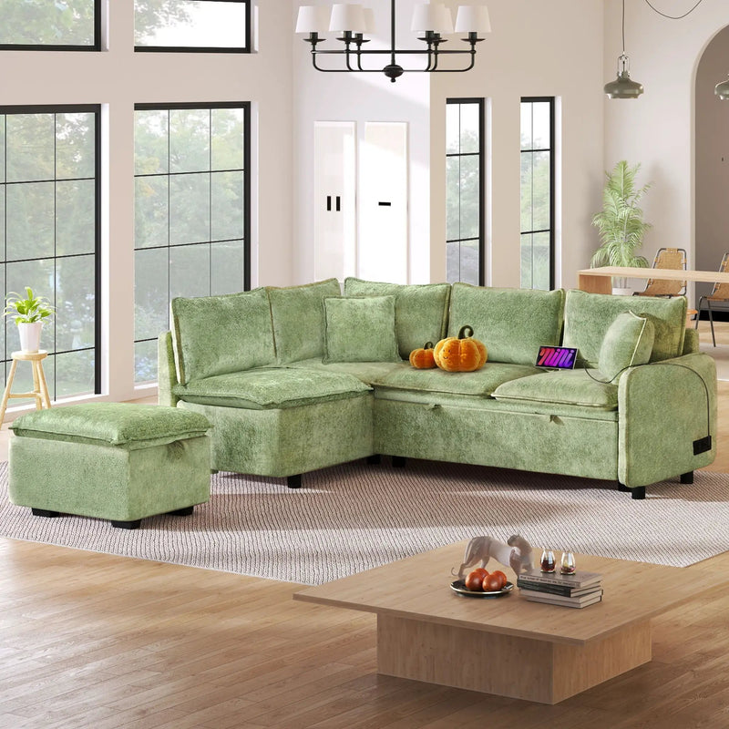 Convertible Sofa Bed Sectional Sofa Sleeper L-Shaped Sofa With A Storage Ottoman, Two Pillows, Two Power Sockets And Two USB Ports For Living Room by HouseOfZazla