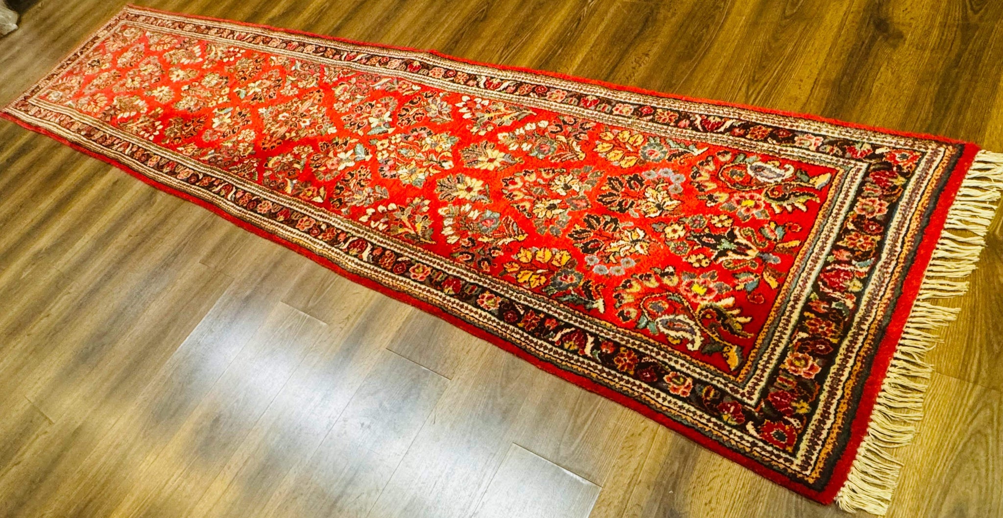 Persian Sarouk Runner Rug 3x12, Red Floral 3 x 12ft Runner, Vintage, Wool by Jewel Rugs
