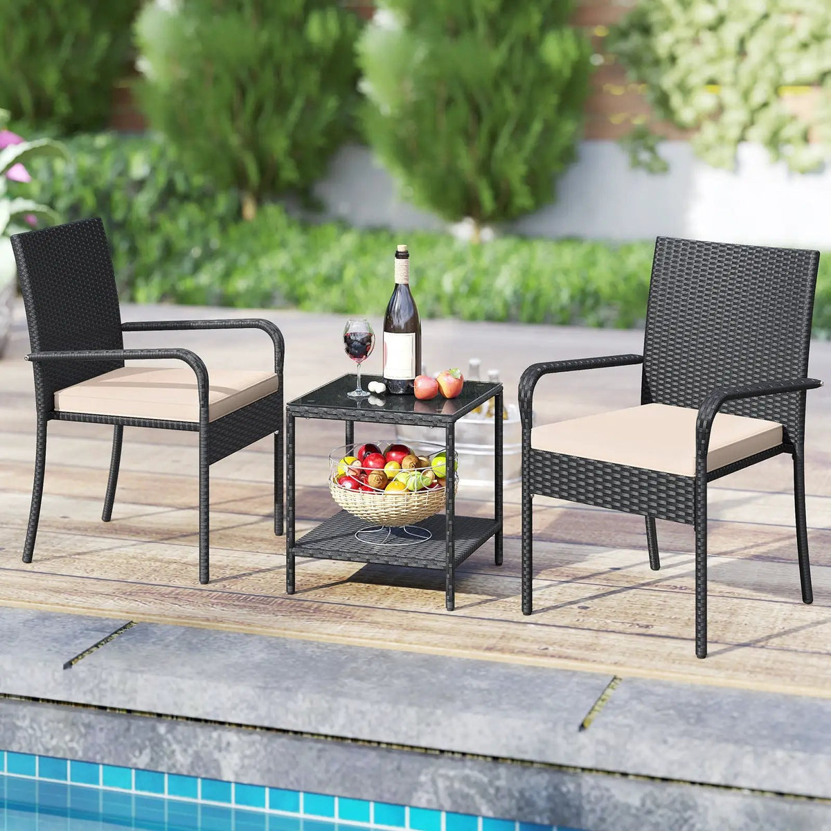 3 Piece Patio Furniture Set with Seat Cushions and Tempered Glass Tabletop, photo 5 of 24