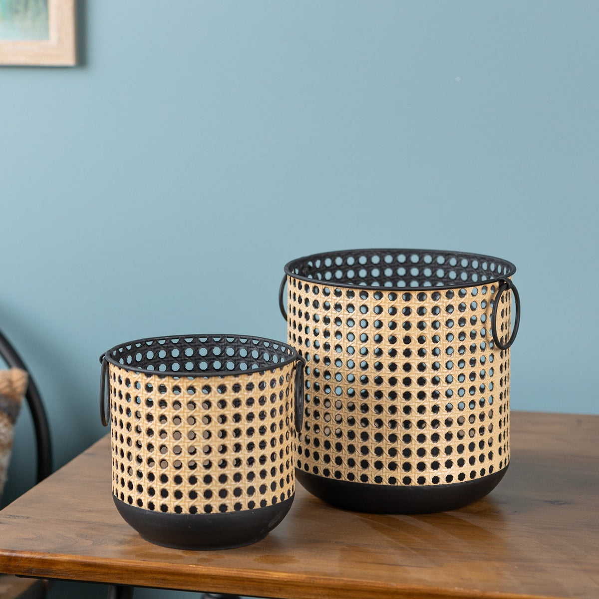 Punched Metal Candle Holder with Rattan Design (Set of 2), photo 5 of 5