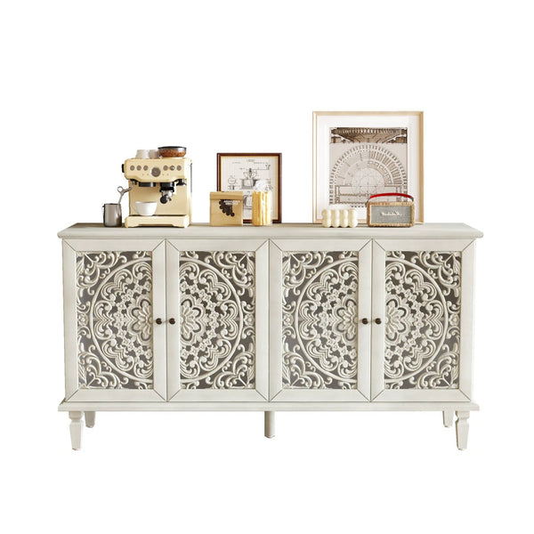 60" Antique Buffet Cabinet with Floral Carvings and Solid Wood Legs