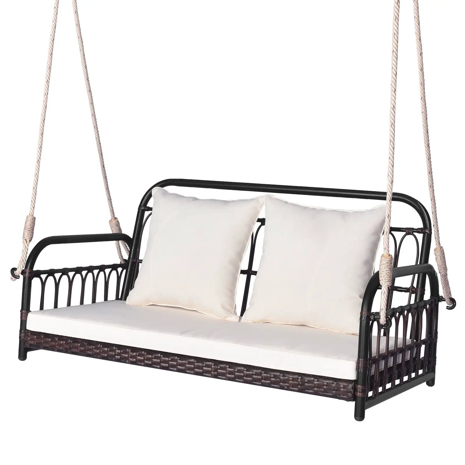 880LBS Wicker Hanging Porch Swing with Cushions-White by DirectDeals