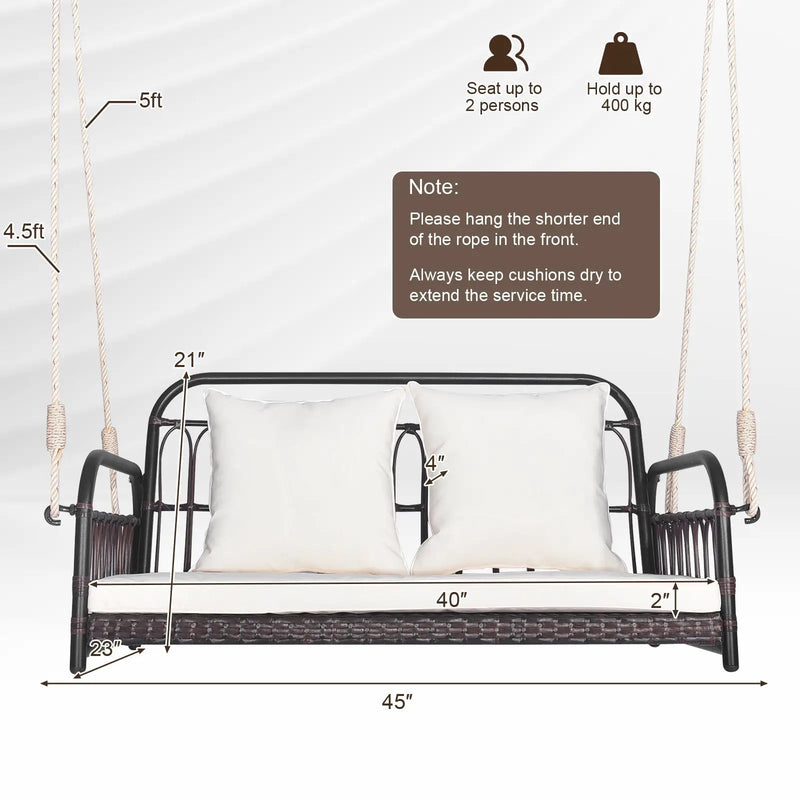 880LBS Wicker Hanging Porch Swing with Cushions-White by DirectDeals