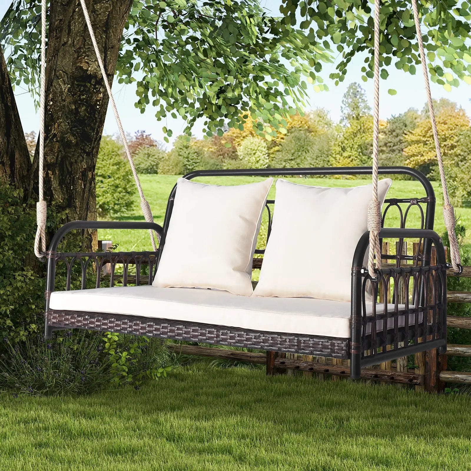 880LBS Wicker Hanging Porch Swing with Cushions-White by DirectDeals