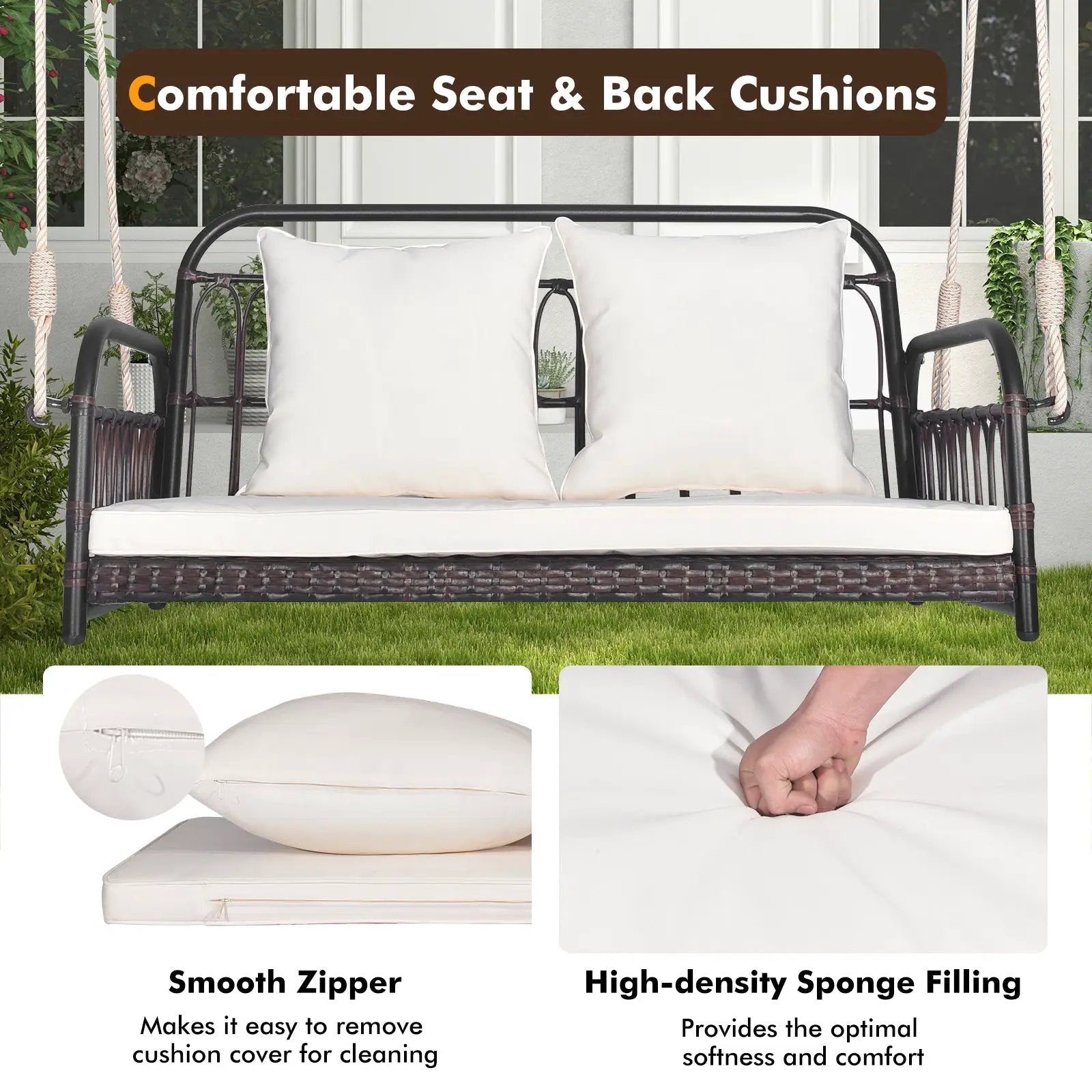 880LBS Wicker Hanging Porch Swing with Cushions-White by DirectDeals