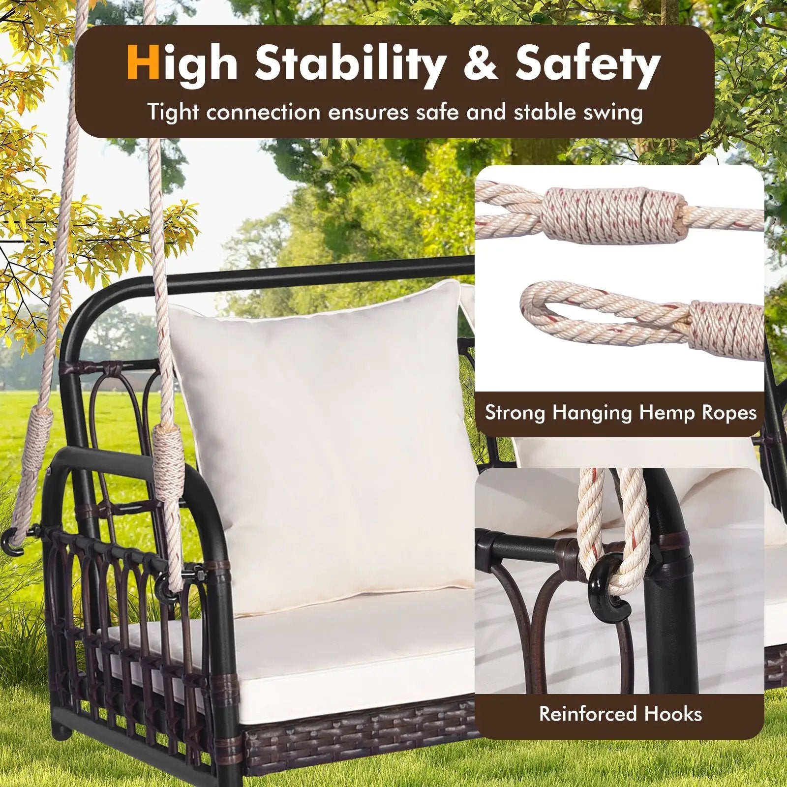 880LBS Wicker Hanging Porch Swing with Cushions-White by DirectDeals