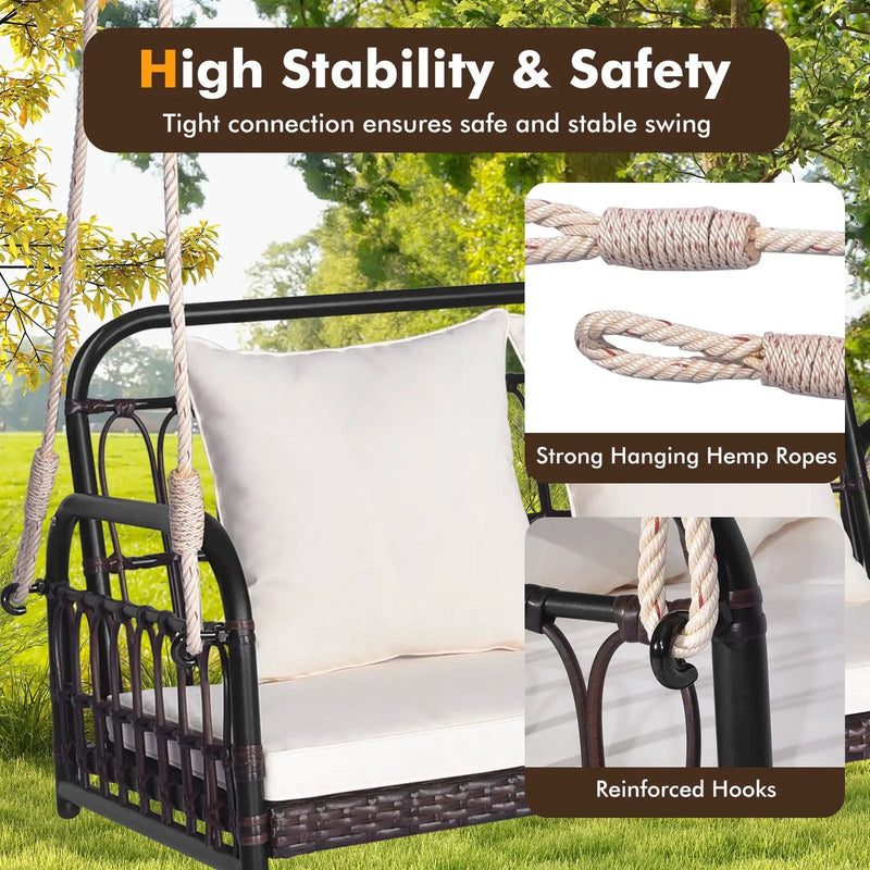 880LBS Wicker Hanging Porch Swing with Cushions-White by DirectDeals
