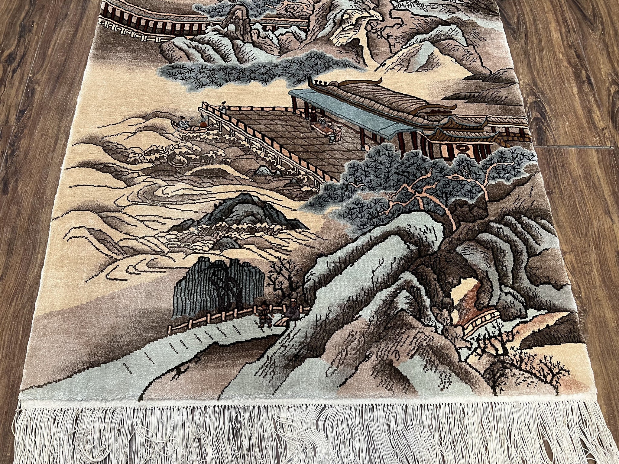 Silk Chinese Wall Hanging Rug 3x6 ft Tapestry, Pagoda Scene, Pictorial, High Quality Fine Hand Knotted Vintage, Asian Oriental Handmade Nice by Jewel Rugs