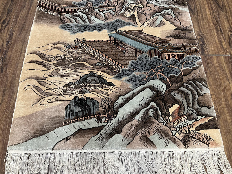 Silk Chinese Wall Hanging Rug 3x6 ft Tapestry, Pagoda Scene, Pictorial, High Quality Fine Hand Knotted Vintage, Asian Oriental Handmade Nice by Jewel Rugs