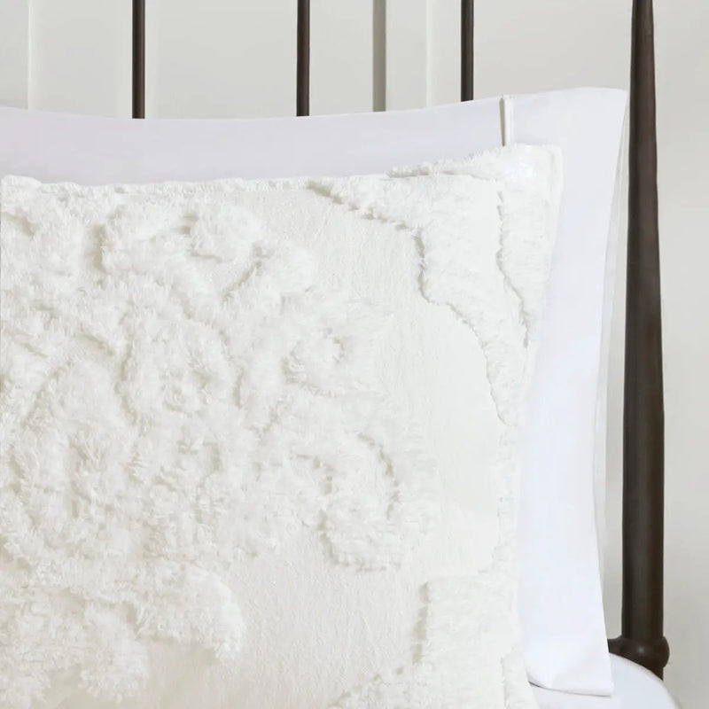 3 Piece Tufted Cotton Chenille Damask Comforter Set Off-White King/Cal King by HouseOfZazla